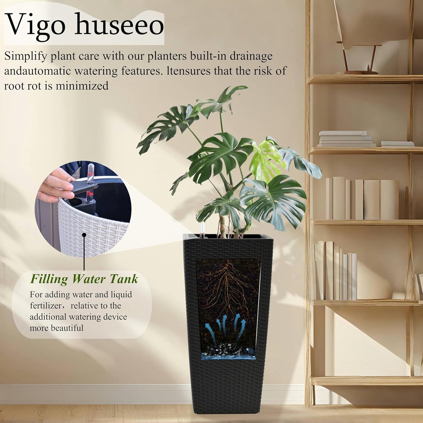 2Pcs 23in High Large Plant Pots Planter-Self-Watering,Modern Planter with Drain Holes,Water Level Monitor,Inner Bucket for Indoor/Outdoor Front Porch Patio,Black Rattan