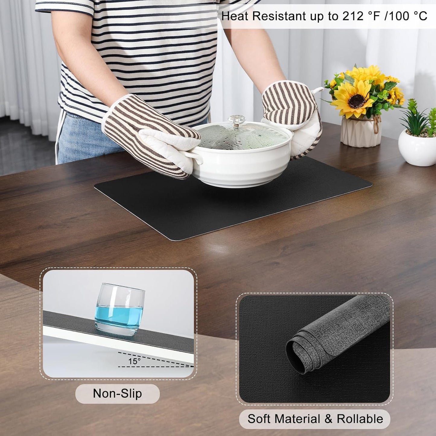 Myir JUN Placemats Dual Sided, Faux Leather Place Mats Set of 6 Indoor Placemats for Dining Table Outdoor Placemats Manteles Individuales Square Non-Slip Washable Table Mats (Gray Black, Set of 6)