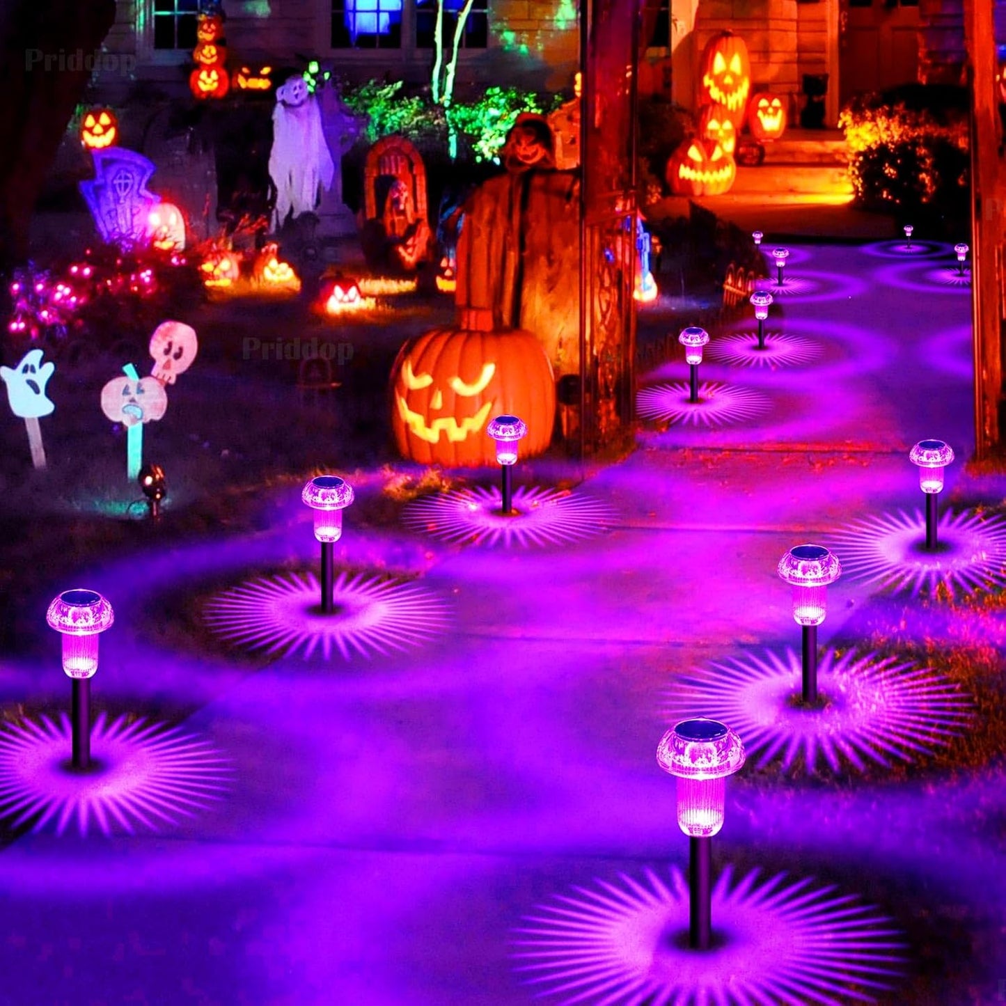 Halloween Solar Lights Outdoor 16 Pack Purple LED Waterproof Mushroom Outside Lights for Yard Garden Patio Pathway Walkway Landscape Halloween Decorations