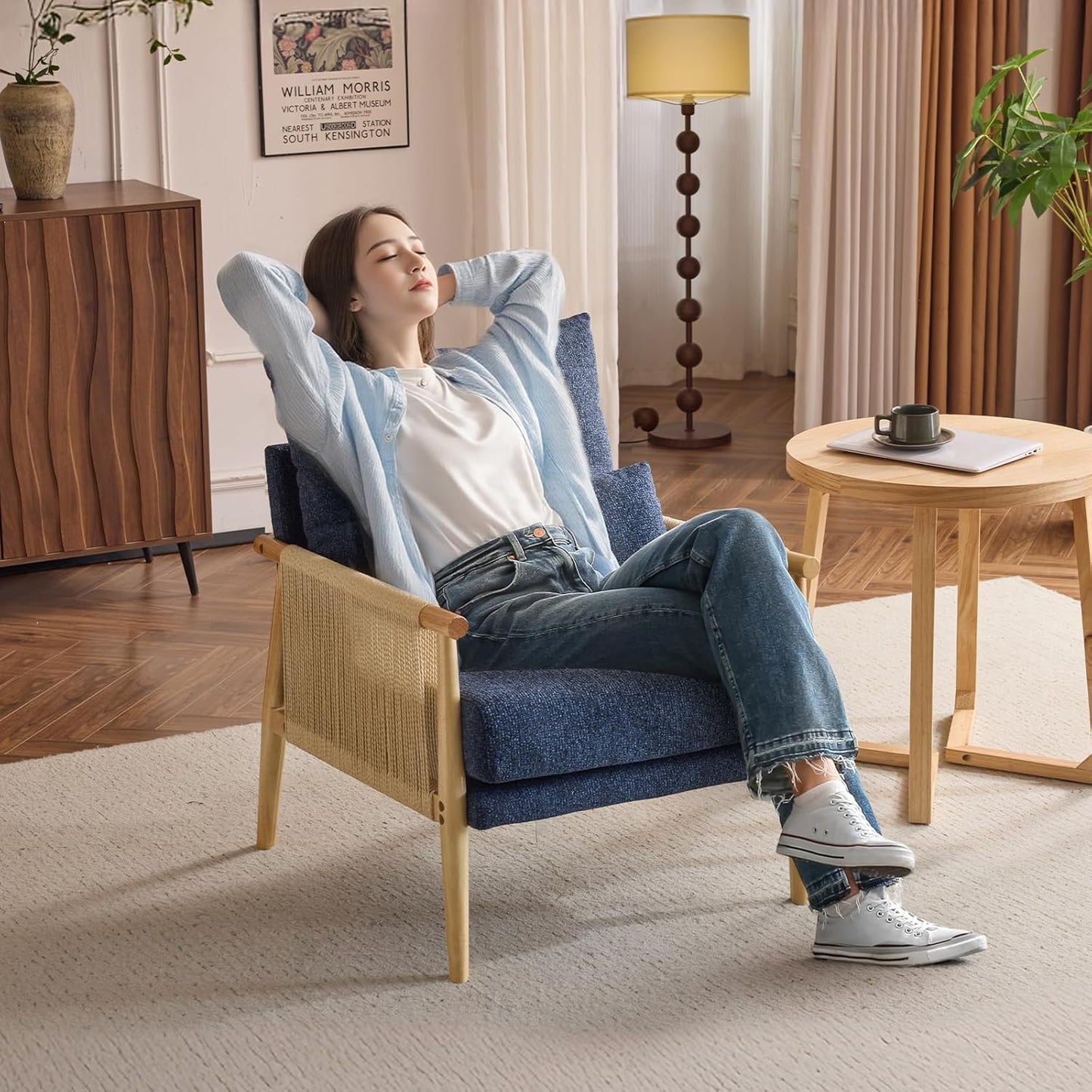VINGLI Boho Braid Accent Armchair,Mid-Century Modern Chiar with Solid Wooden Armrest,Comfy Louge Cushion Chair with Waist Pillow for Bedroom,Living Room,Reading Room, Blue