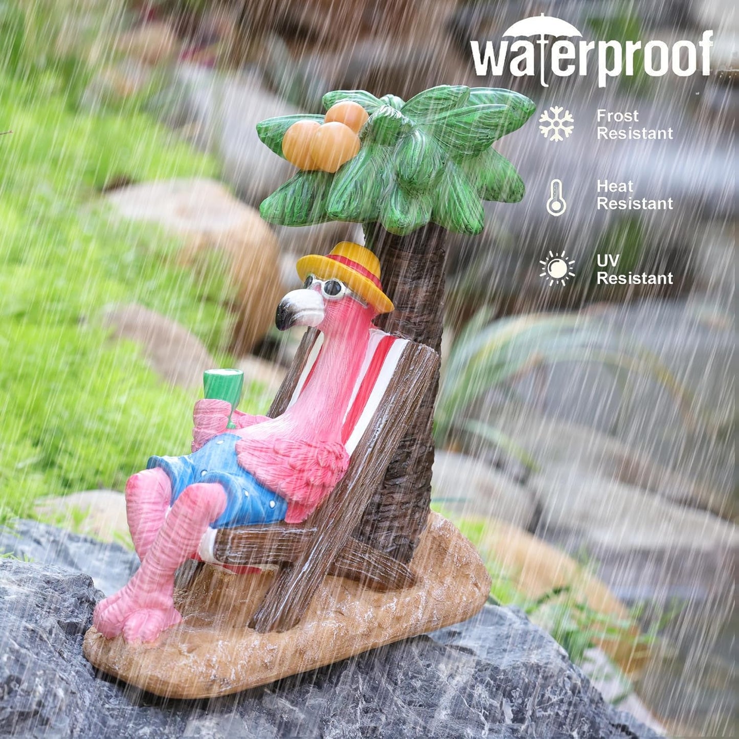 Pink Flamingos for Yard-Solar Garden Statues Gifts - Flamingos on Beach Vacation Light up Coconut Tree for Outdoor Lawn Yard Decor