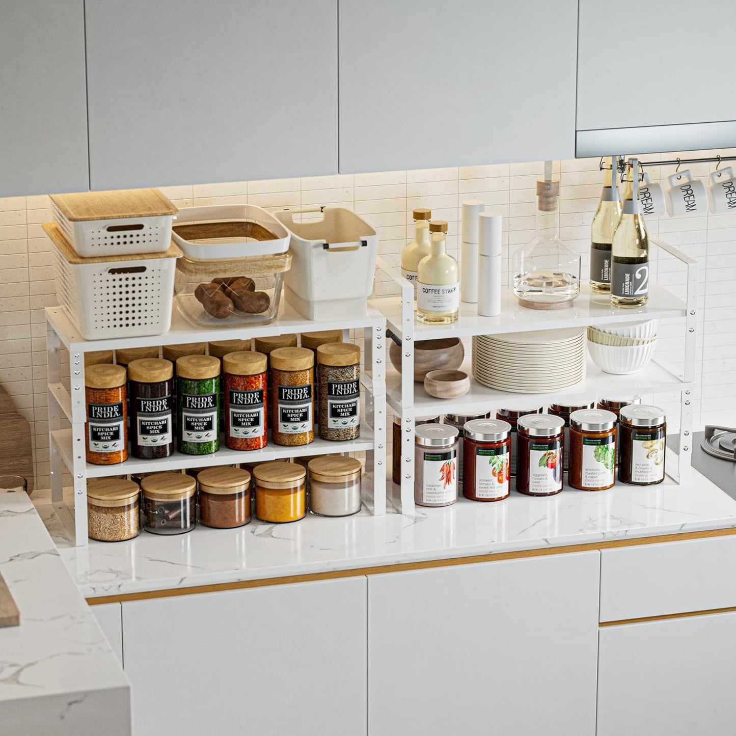 Expandable,Stackable Spice Rack,Seasoning Organizer and Storage,Spices Jar Racks for Cabinet,Countertop, Metal Pantry, Cupboard,Laundry Storages,Heavy Duty(1 Pack/Large/White)