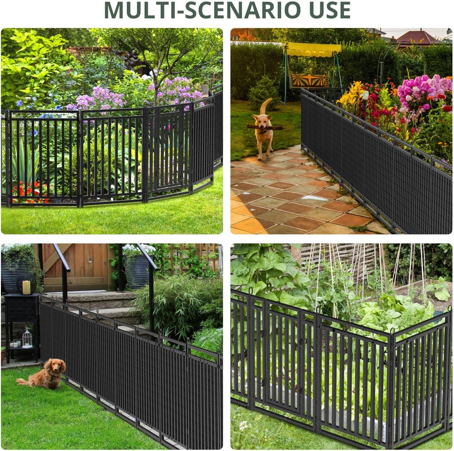 Decorative Garden Fence Metal Dog Fence Outdoor for Yard, 72ft (L) × 32in (H), 28 Panels + 4 Gates, Rustproof Animal Barrier Fencing for Patio & Flower Bed, No Dig, Black-Silver