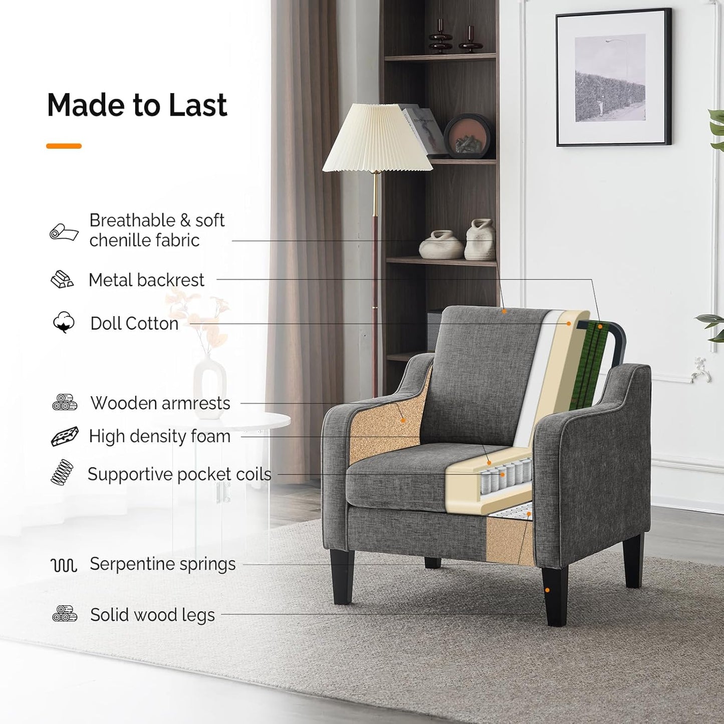 VINGLI Accent Chairs for Living Room Chairs Reading Chair Mid Century Modern Chair Soft Chenille Sofa Chair Upholstered Arm Chair Comfy Chair Side Chair (Light Grey Chenille)