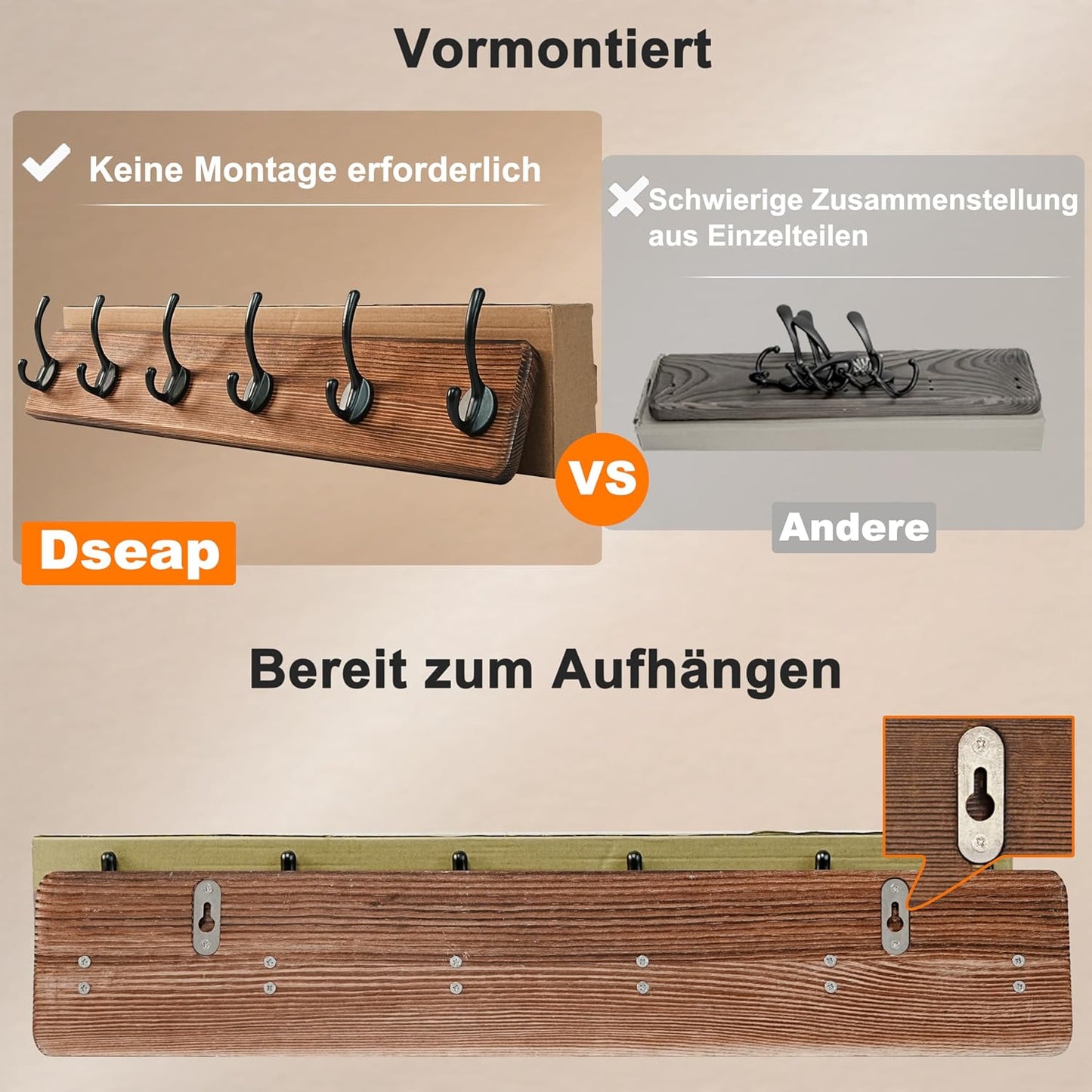 Dseap Coat Rack Wall: 24" Long, Patented, Heavy-Duty, 6-Double-Hooks Wooden Wall Mounted Coat Rack Coat Hanger Hook Rail for Winter Coats Hat Jacket Clothing, White & Black