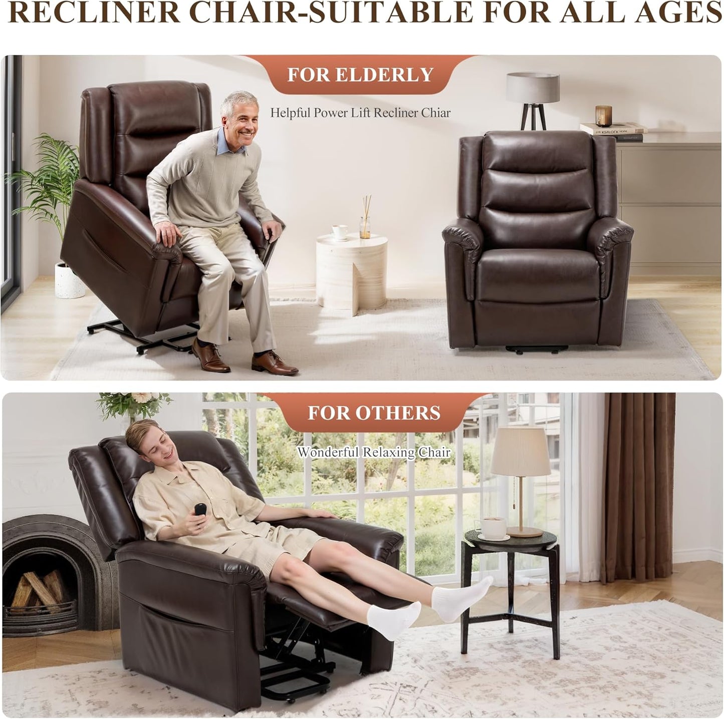 COLAMY PU Leather Electric Power Lift Chair,Lift Recliner Chair with Thick Cushioned Padding Backrest for Living Room, Office, Bedroom （Darkbrown）