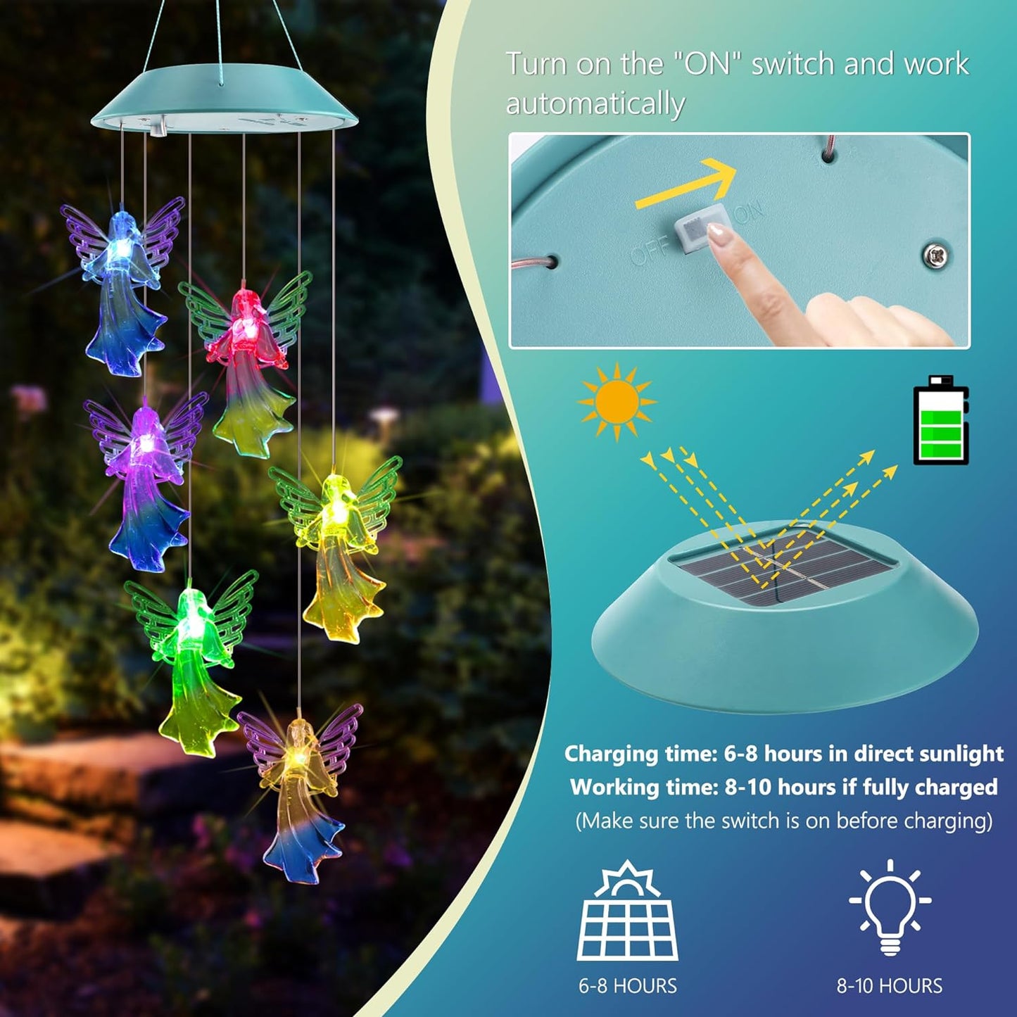 Toodour Solar Wind Chimes, Color Changing Angel Wind Chimes, LED Decorative Mobile, Gifts for Mom Grandma, Waterproof Outdoor Decorative Lights for Garden, Patio, Yard, Window Outdoor Decor