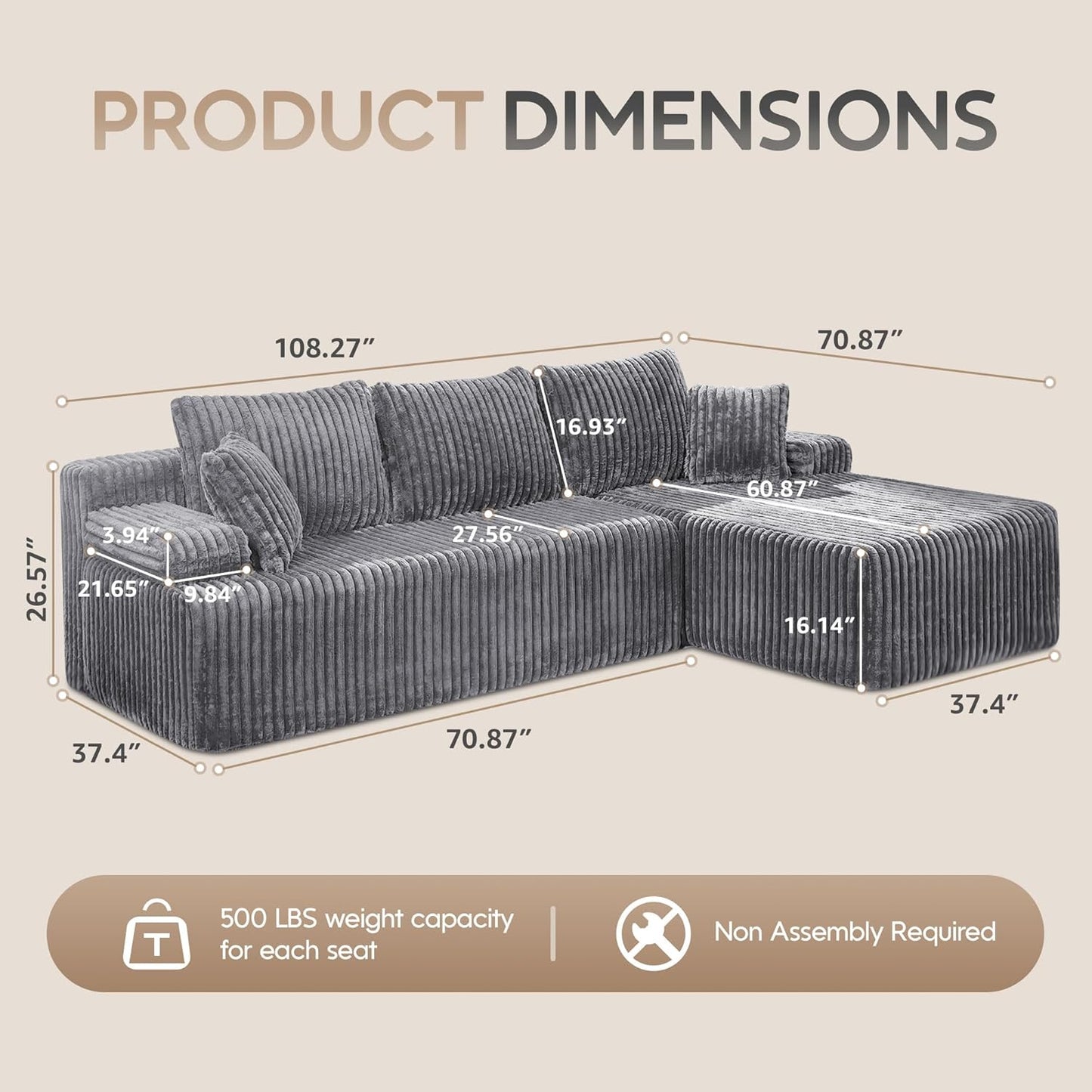 Hobestluk Modular Sectional Sofa Couches 108" L-Shape Couch 3 Seat Modular Sofa Memory Foam Sectional Couches for Living Room, Boneless Couch with Oversized Chaise (Light Grey, Right Facing)