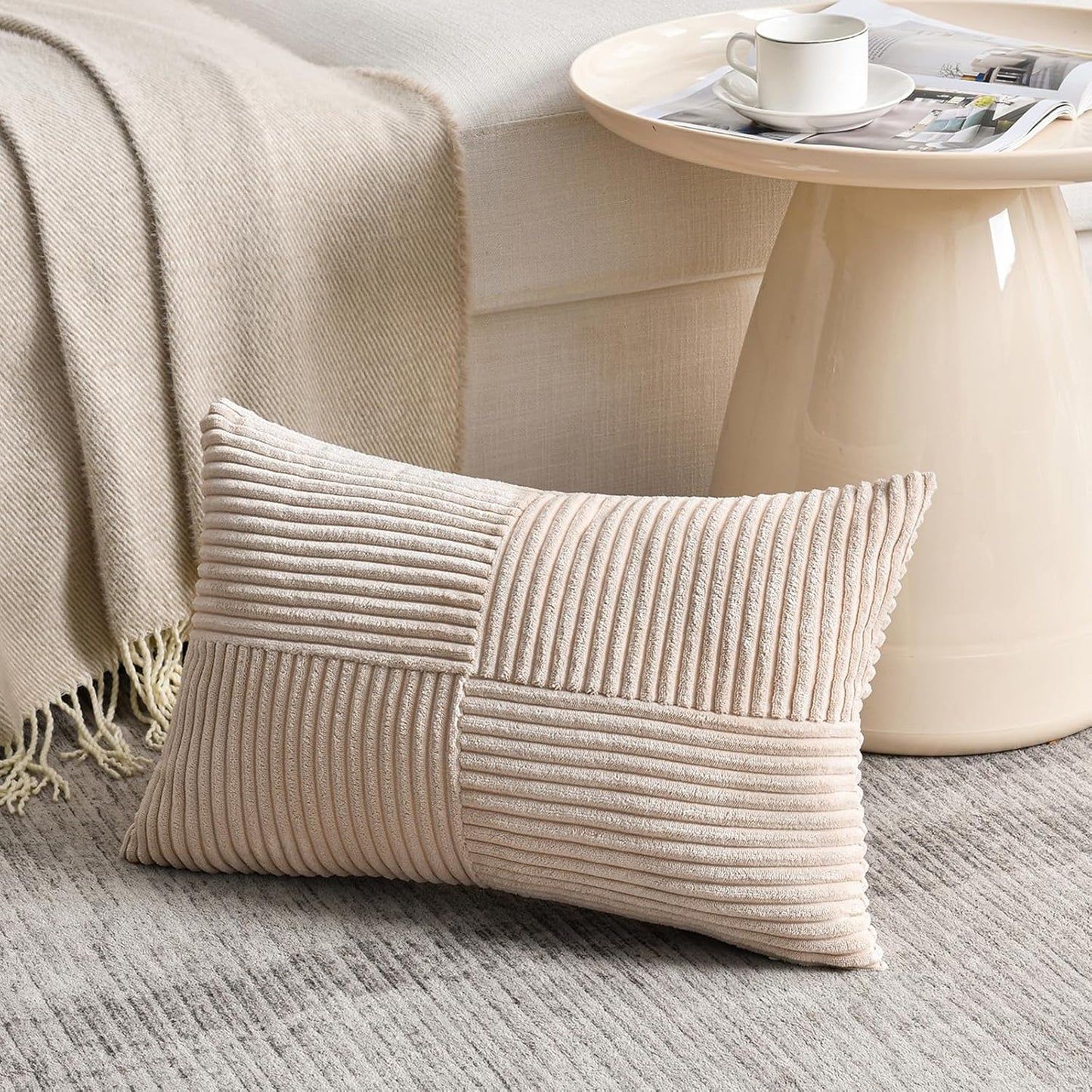 Fancy Homi 2 Packs Tan Lumbar Decorative Throw Pillow Covers 16x28 Inch for Living Room Couch Bed Sofa, Boho Home Decor, Soft Striped Corduroy Rectangle Accent Beige Cushion Case 40x70 cm