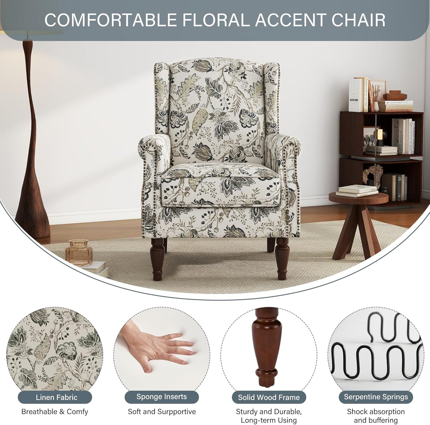 UIXE High Back Floral Accent Chairs Set of 2, Upholstered Armchair in Fabric, Retro Printed Wingback Arm Chair for Living Room, Nailhead Trim Single Sofa Bedroom Reading Seat - Plants Beige
