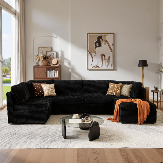 ovios Sectional Sofa Couch with U-Shape Chaise Sofa Bed, Comfy Modular Cloud Couches with Deep Seat, Modern Upholstered Plush Corduroy Sofas Set for Living Room, 6-Seater, Black