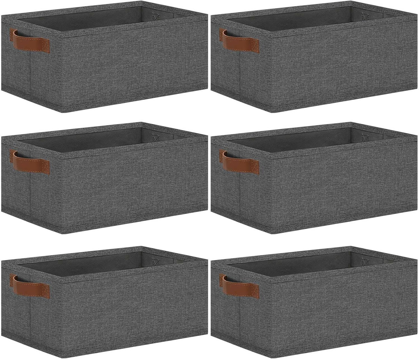 GhvyenntteS Small Fabric Storage Bins 6 Pack, 11.8" x 7.87" x 5.11" Storage Basket with Leather Handles, Closet Storage Bins for Shelves, Storage Baskets for Shelves, DVD Storage (Grey)