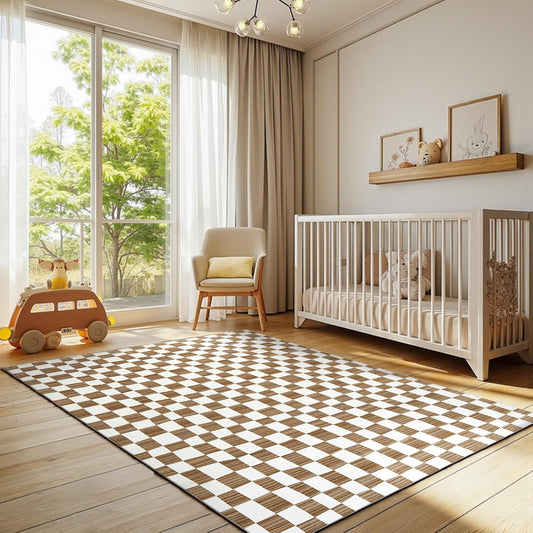 jinchan 5x7 Brown Checkered Area Rugs for Kids Room - Machine Washable Rug Modern Neutral Geometric Lattice Soft Non-Slip Carpet for Nursery Playroom Classroom Living Room Bedroom Home Office