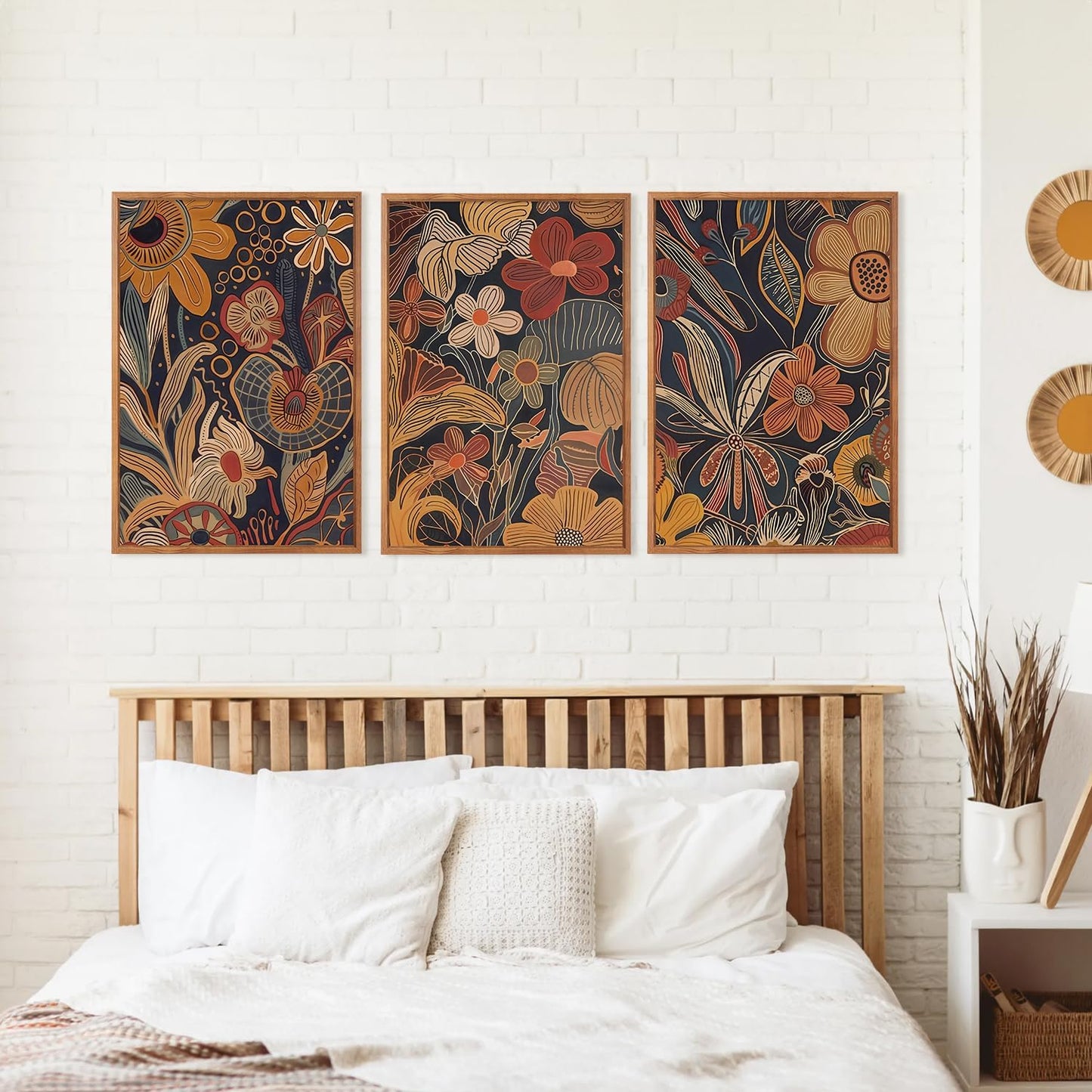 Aurlan Burnt Orange Wildflowers Botanical Wall Art Set(16"x24"), 3 Pieces Abstract Floral Blossom Framed Canvas Artwork, Large Mid Century Modern Boho Nature Wall Decor for Office Bedroom Living Room