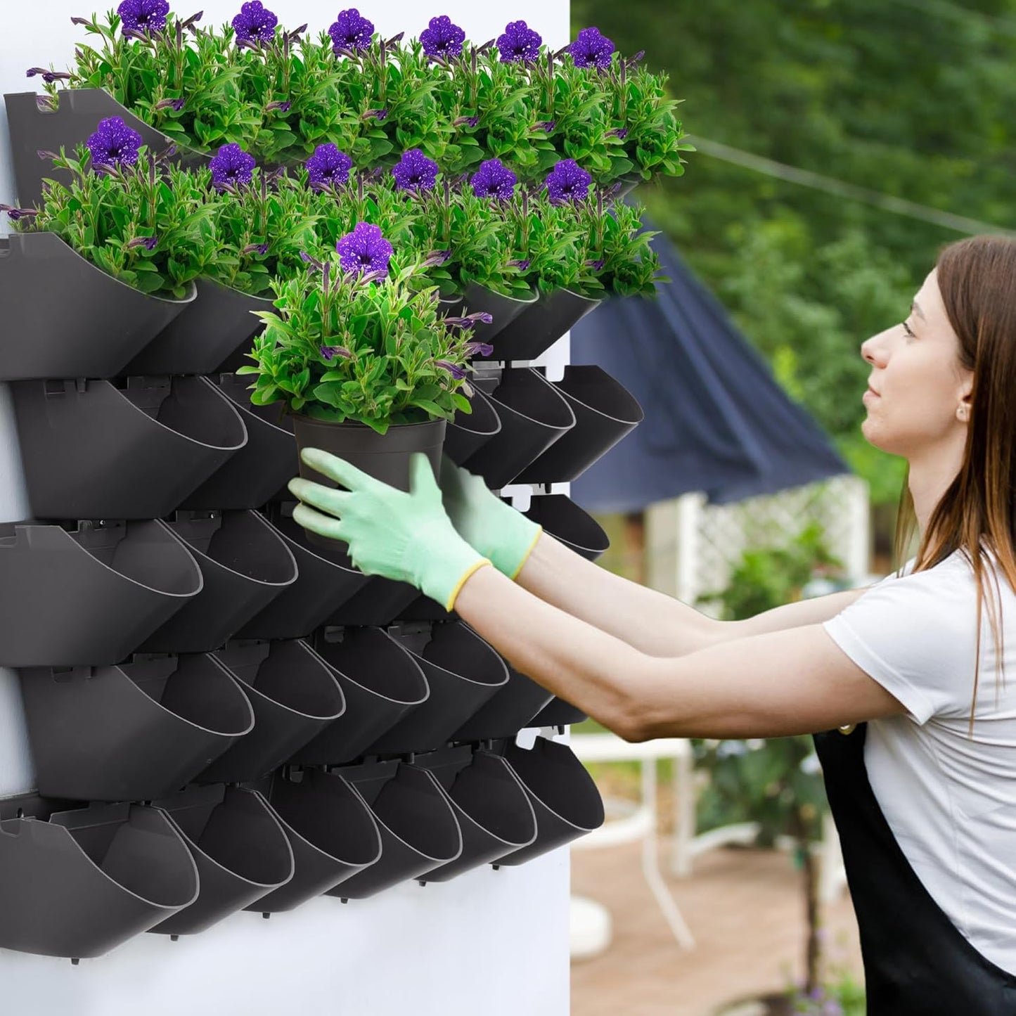 Worth Garden Upgraded 12 Sets (36-Pocket) Self Watering Stackable Vertical Planters - Wall Mounted Plastic Plant Grow Pots fr Strawberries Flowers Herbs - Indoor Outdoor Green Wall Decoration (Black)