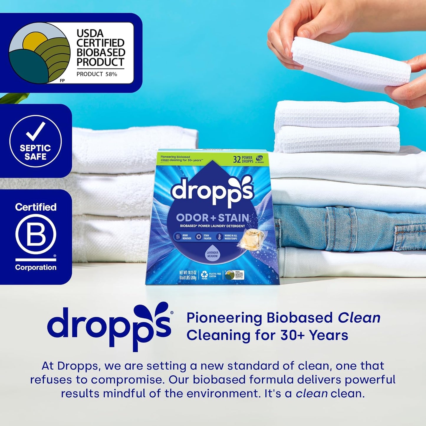 Dropps Odor & Stain Biobased Power Laundry Detergent Pods, Lavender Meadow (32 Count) - HE Compatible Laundry Pods for Fresh Clothes - Washing Detergent Soap Supplies & Recyclable Packaging