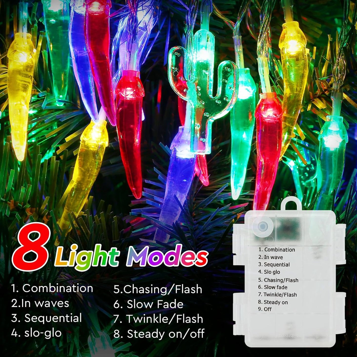 21FT [ 8 Modes & Timer ] Chili Pepper String Lights 40LED Fairy Lights Battery Operated for Indoor Outdoor Garden Pool Birthday Mexican Party Wedding Christmas Summer Tropical Decor