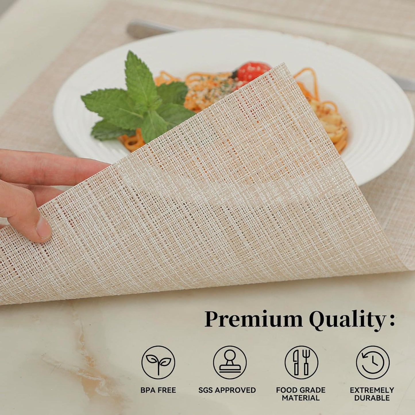 Leetaltree Beige Placemats Set of 16 - Heat Resistant Non-Slip Place mats for Dining Table, Washable Durable PVC Vinyl Woven Table Mats（Beige, 16）