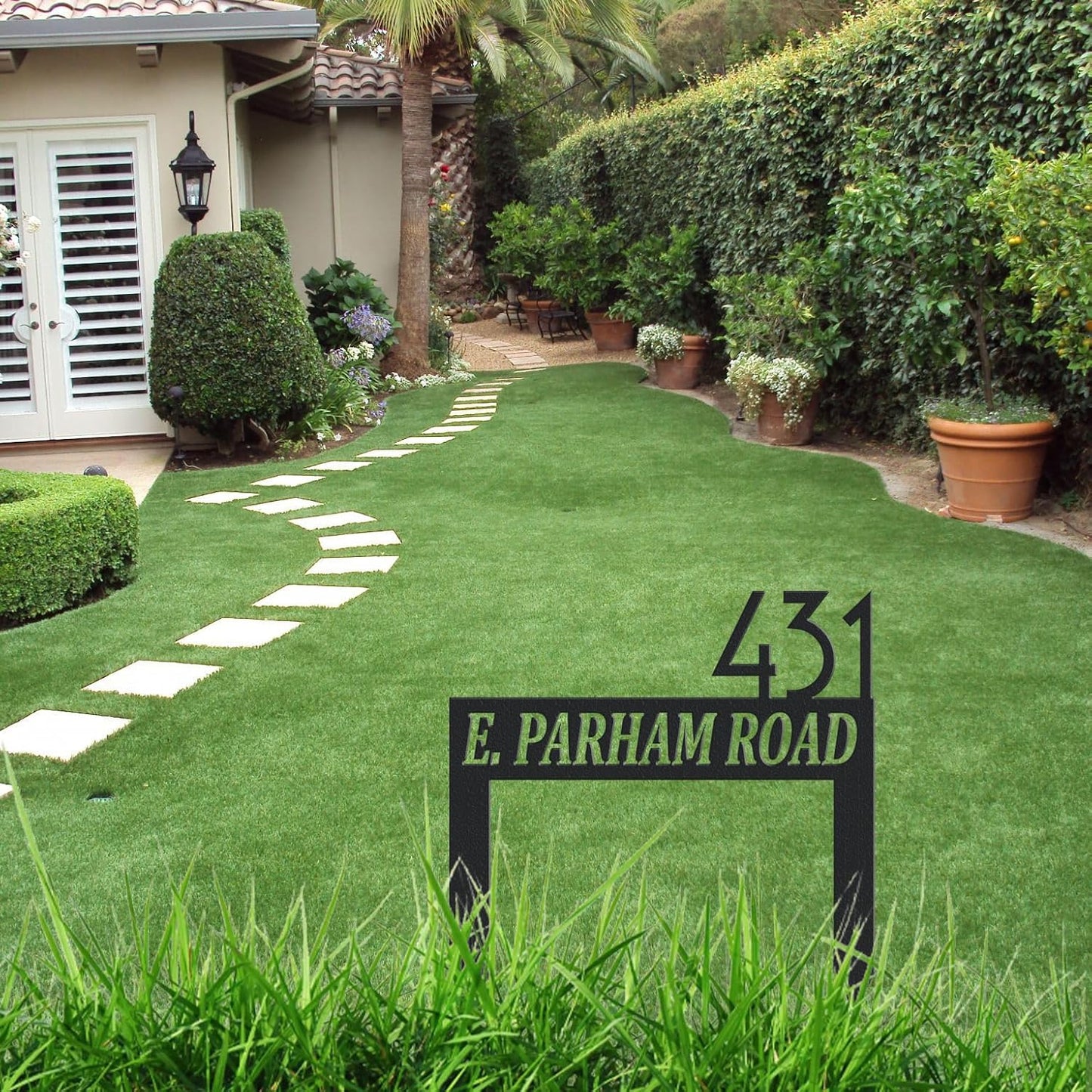 Personalized Modern Large Metal Address Sign for Yard, Custom House Number Sign Street Name Plaque for Outside, Outdoor Lawn Address Post Home Garden Decoration Plaque with Stakes