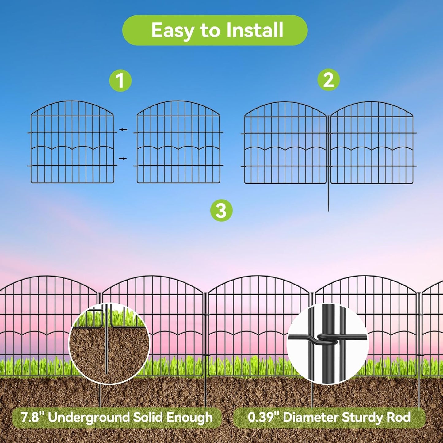 Decorative Garden Fence 6 Panels 12 ft (L)×24in (H) Metal Garden Fences, No Dig Animal Barrier Fencing Rustproof Wire Border Temporary Dog Fence for Patio Outdoor Yard Lawn - Without Door