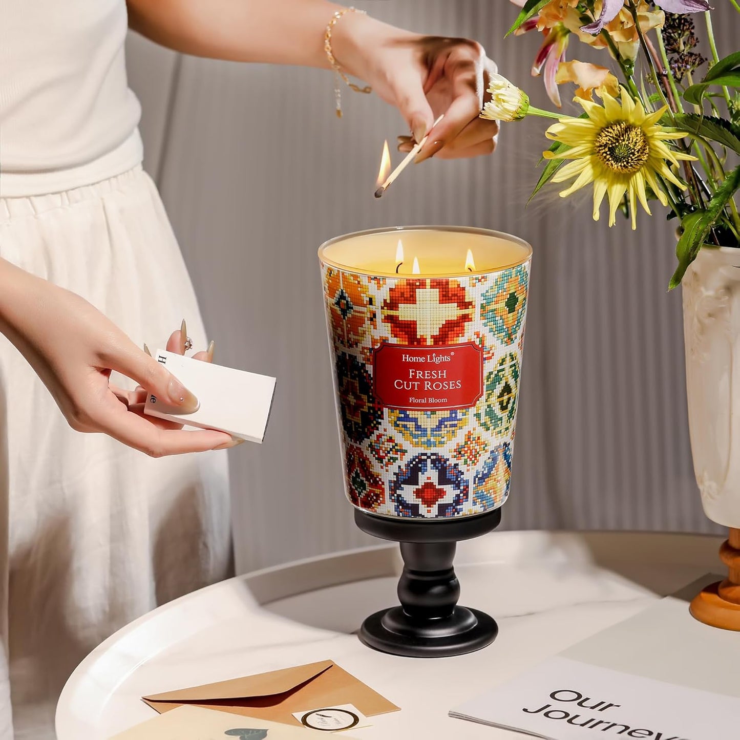 HomeLights 3-Wick Candles for Home Scented - 34oz Soy Wax Blend Candle Long-Lasting Fragrance, Bohemian Natural Textures Home Decor and Housewarming Gifts, Fresh Cut Roses