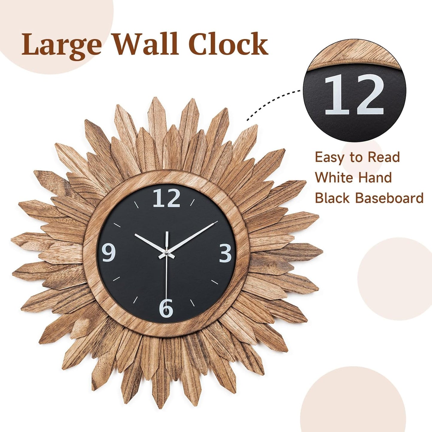 Honiway 16 Inch Wall Clocks, Rustic Wood Boho Sunburst Decorative Wall Clock Battery Operated Silent Non Ticking Farmhouse Large Wall Clocks for Living Room Kitchen Bedroom Home Decor (Rustic Brown)