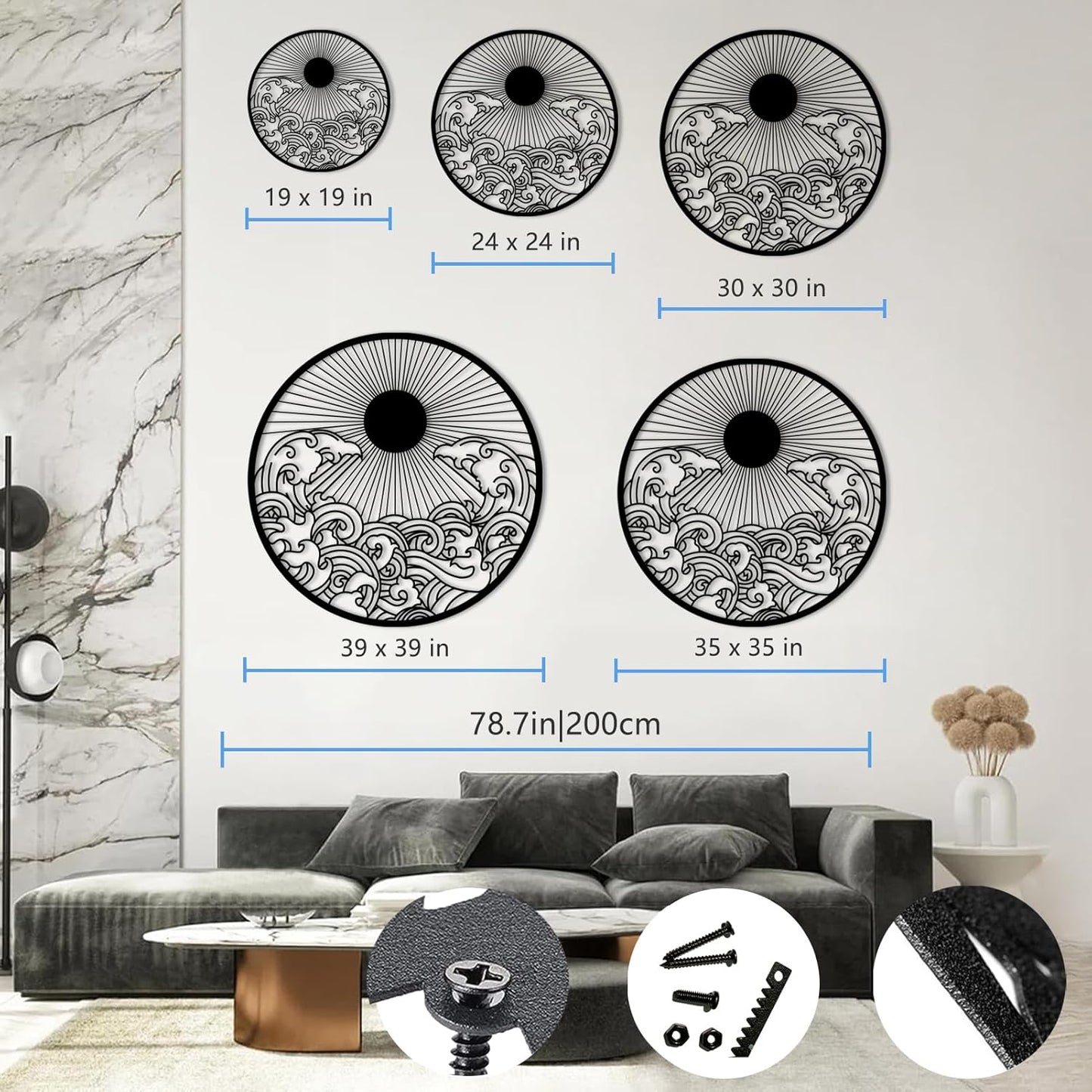 flyoak Metal Sun Wall Decor Outdoor, Sunrise Metal Wall Art, Metal Wave Wall Art, Sunrise and Wave Wall Decor, Sunburst Wall Art, Sunset Wall Art, Wall Hangings for Bedroom (Silver, 24x24in|60x60cm)