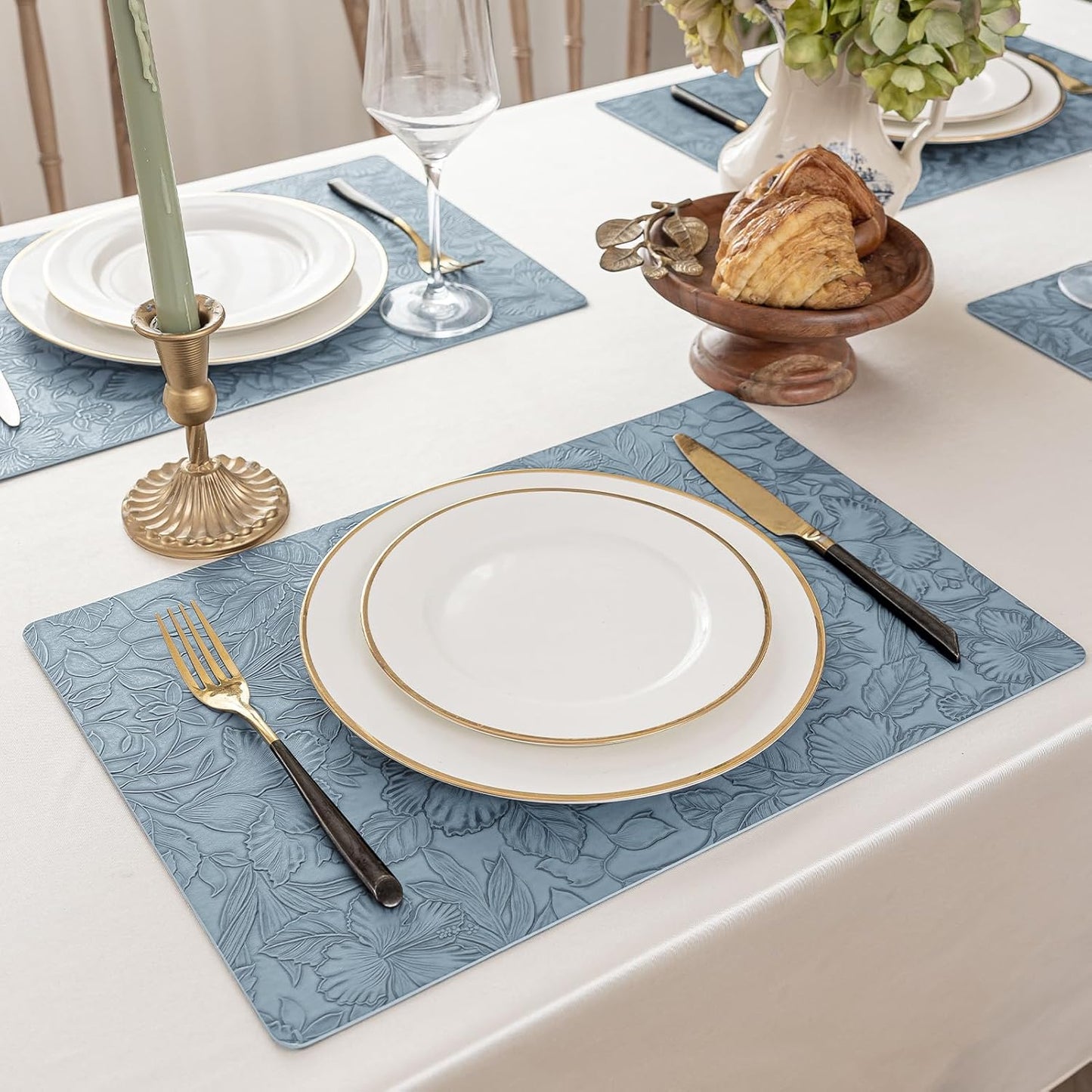 Romanstile Vinyl Placemats Set of 8-12 X 18 Inch - Heat Resistant Non-Slip Embossed Floral Place Mats 100% Waterproof Oilproof Wipeable Faux Leather Table Mats for Kitchen/Dining/Party, SkyBlue