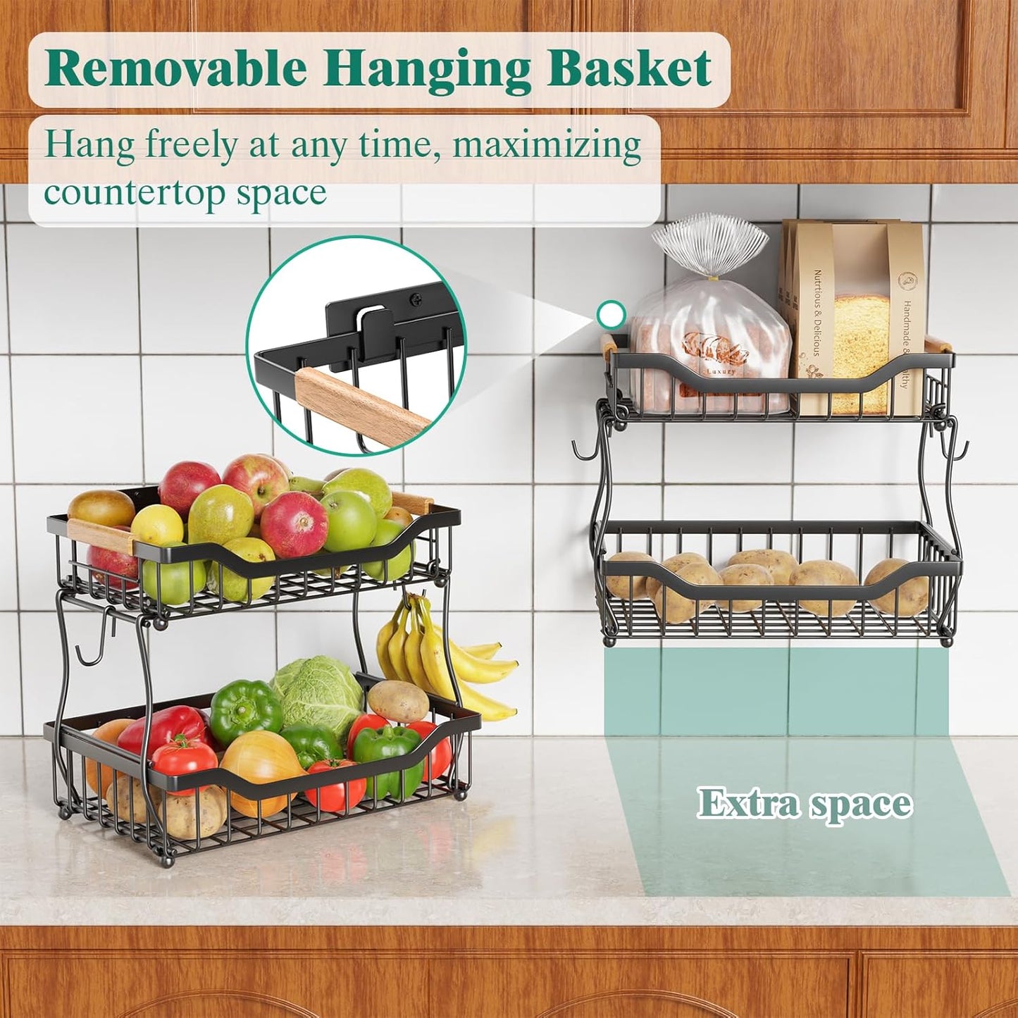 Giwil 2 Tier Countertop Fruit Basket for Kitchen, Vegetable Storage Bread Fruit Bowl Stand with 2 Banana Hangers, Wall Mounted Metal Wire Basket Organizer for Potato Onion, Black