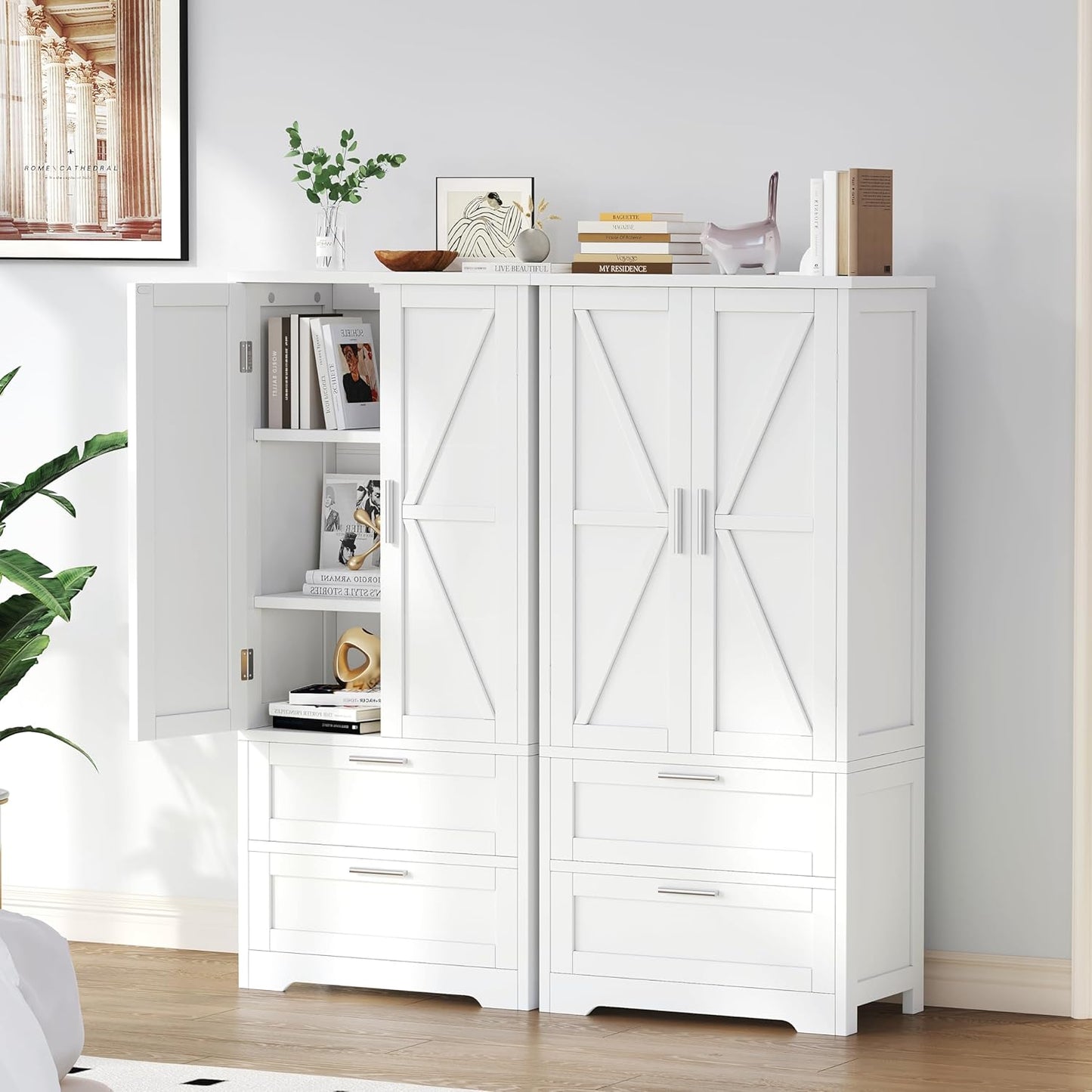 50.4" H Bathroom Storage Cabinet, Modern Floor Cabinet with Adjustable Shelf, Small Pantry with 2 Doors & Drawers, Storage Cabinet for Bathroom, Living Room, Kitchen, White KES007WCWG
