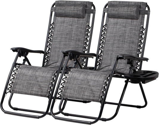 Nazhura Set of 2 Relaxing Recliners Patio Chairs Adjustable Steel Mesh Zero Gravity Lounge Chair Beach Chairs with Pillow and Cup Holder(Grey)