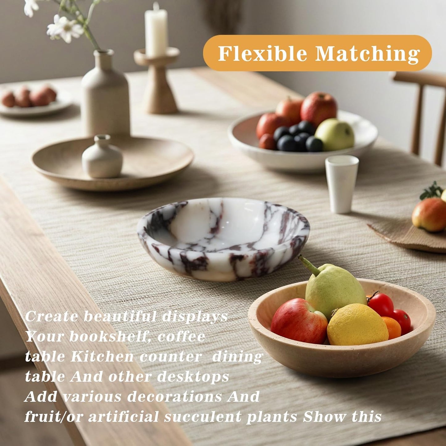 Marble Decorative Bowl for Kitchen Counter, Natural Travertine Serving Bowl with,Modern Display Bowl for Dining Table Centerpiece Home Decor(7.8 Inch)