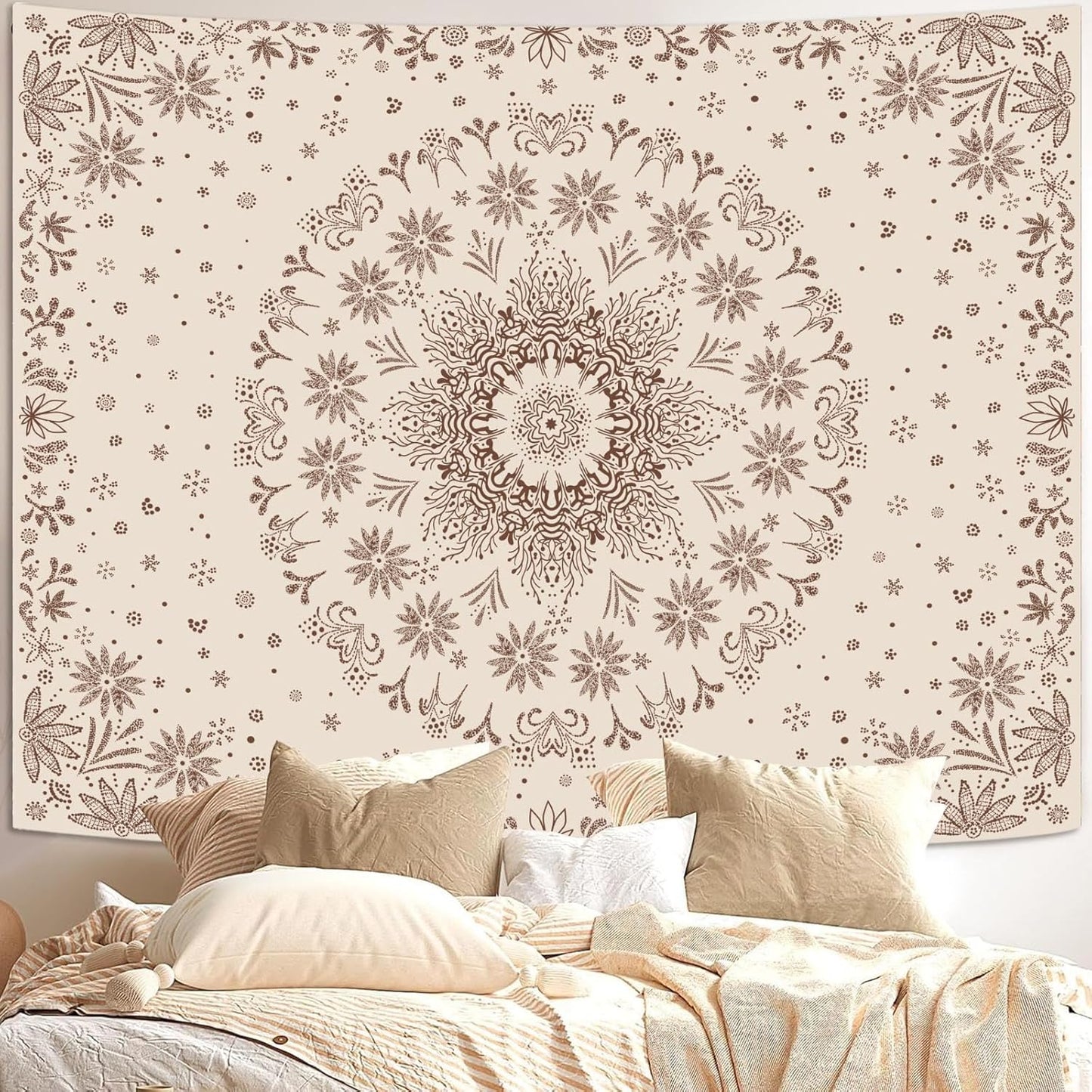 Fowocu Boho Floral Mandala Tapestry Wall Hanging Bohemian Flower Medallion Tapestry Aesthetic Beige Brown Hippie Indian Small Tapestries for Bedroom Living Room Dorm Decor 48 x 36 Inch