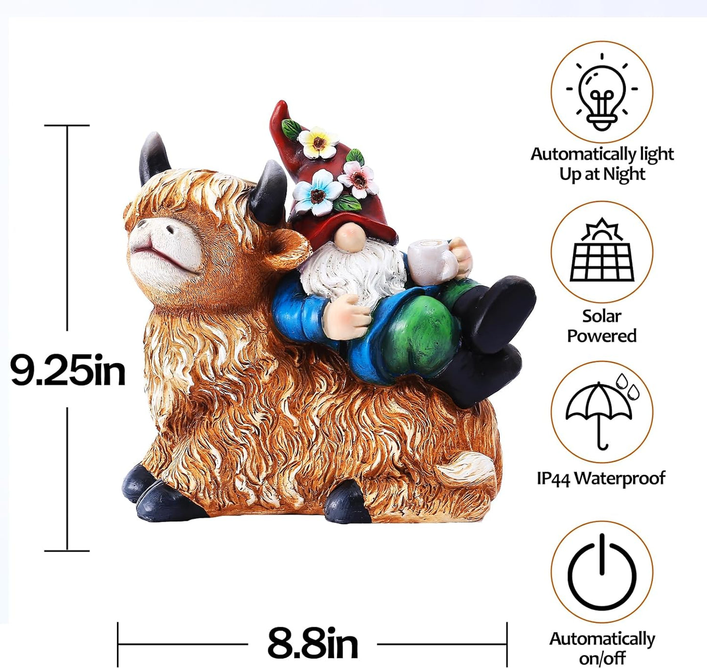 Garden Gnomes Decor Outdoor Statues Gnome on Highland Cow Hold Solar Cup Light Outdoor Decorations for Patio,Yard and Gift for Mom