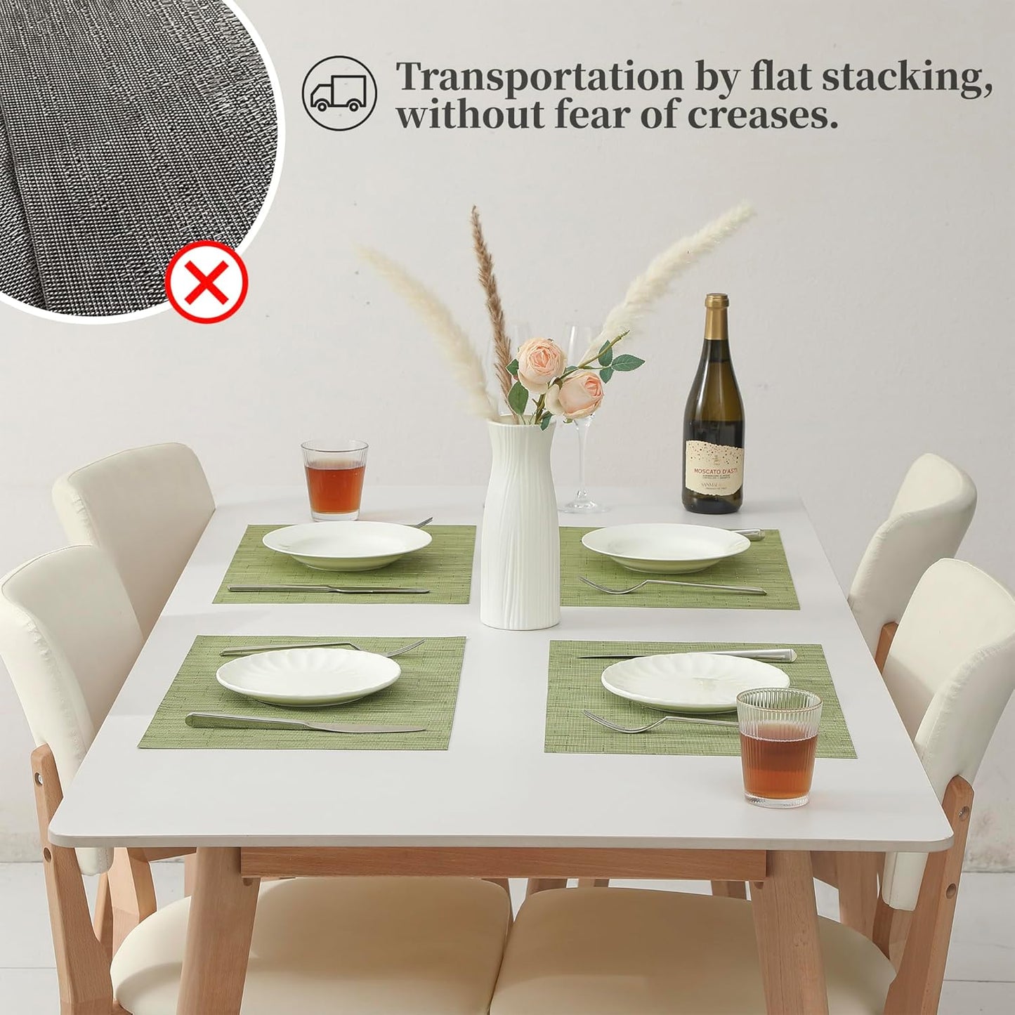 Leetaltree Pea Green Placemats Set of 6 - Heat Resistant Non-Slip Place mats for Dining Table, Washable Durable PVC Vinyl Woven Table Mats（Pea Green, 6）