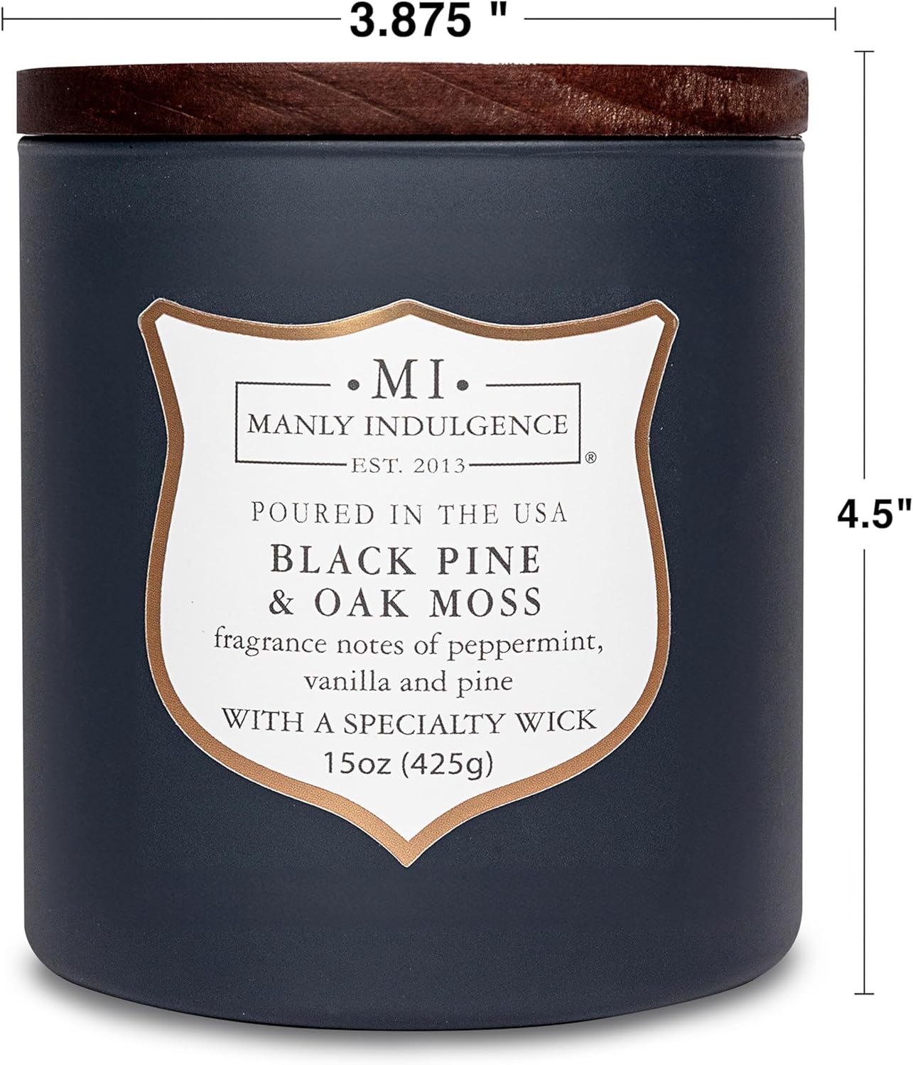 Manly Indulgence Black Pine Oakmoss Scented Candles for Men, 15 oz Wooden Wick, Premium Soy Blend Wax, 60H Burn, Candles for Home Scented - Made in The USA