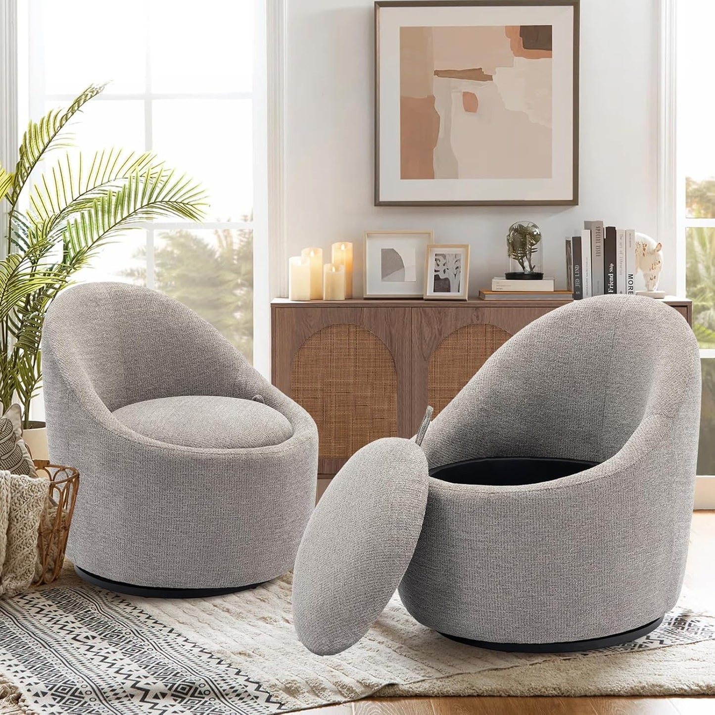 COLAMY Swivel Accent Chair Set of 2, 360° Swivel Round Chair with Hidden Storage, Modern Small Barrel Armchair for Living Room/Bedroom, LightGrey