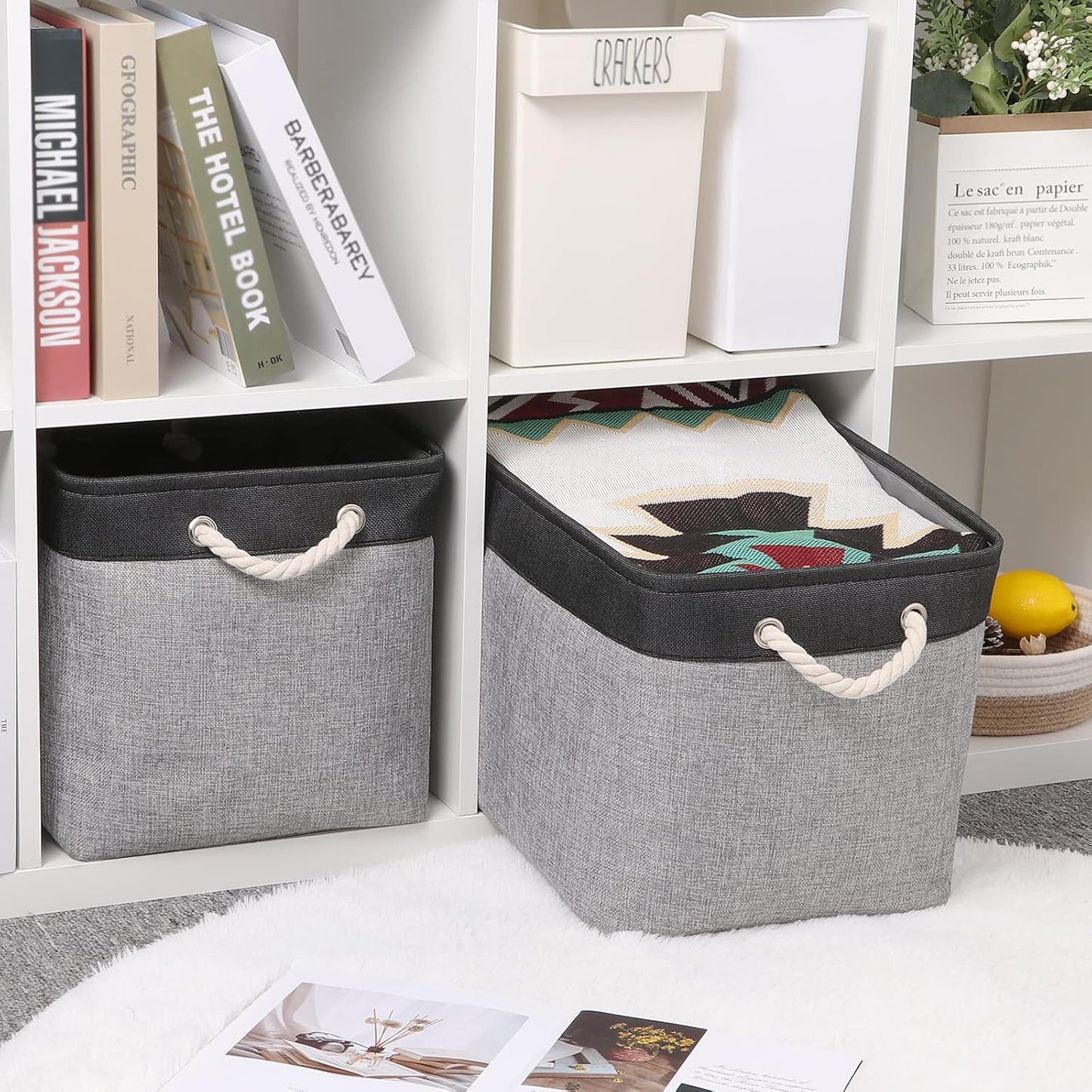 Bidtakay Fabric Storage Baskets with Handles [2-Pack] Large Canvas Organizer 16" X 11.8" X 11.8" Foldable Tall Baskets Rectangular Gift Basket Decorative Storage Bins for Closet, Home(Black&Grey)