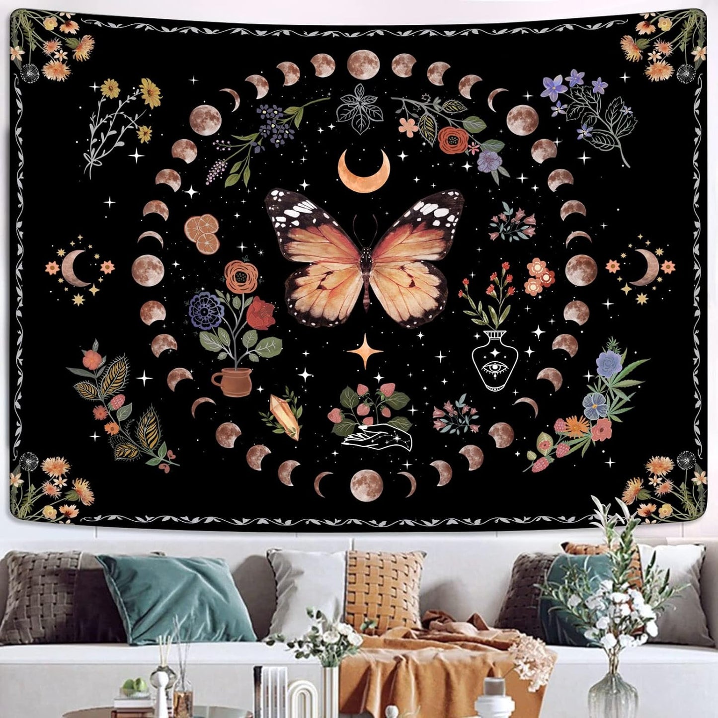 Fowocu Orange Butterfly Moon Flower Tapestry Boho Floral Plant Tapestries for Bedroom Aesthetic Tapastry's Wall Hanging Mandala Botanical Wall Tapestry for Living Room Dorm (Yellow, 60'' × 44'')