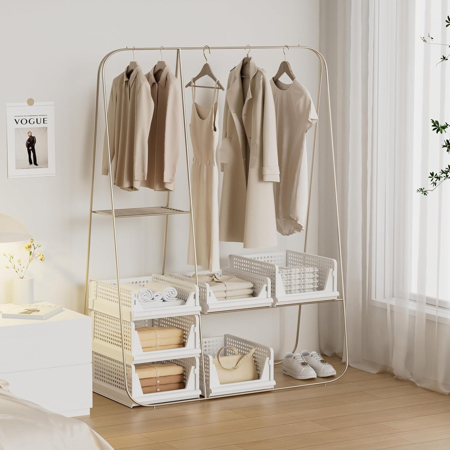 4 Pack Stackable Plastic Storage Basket Closet Organizer Bin Foldable Clothes Organizer Storage Drawer Shelf Container for Living Room Bathroom Kitchen Office (4S)