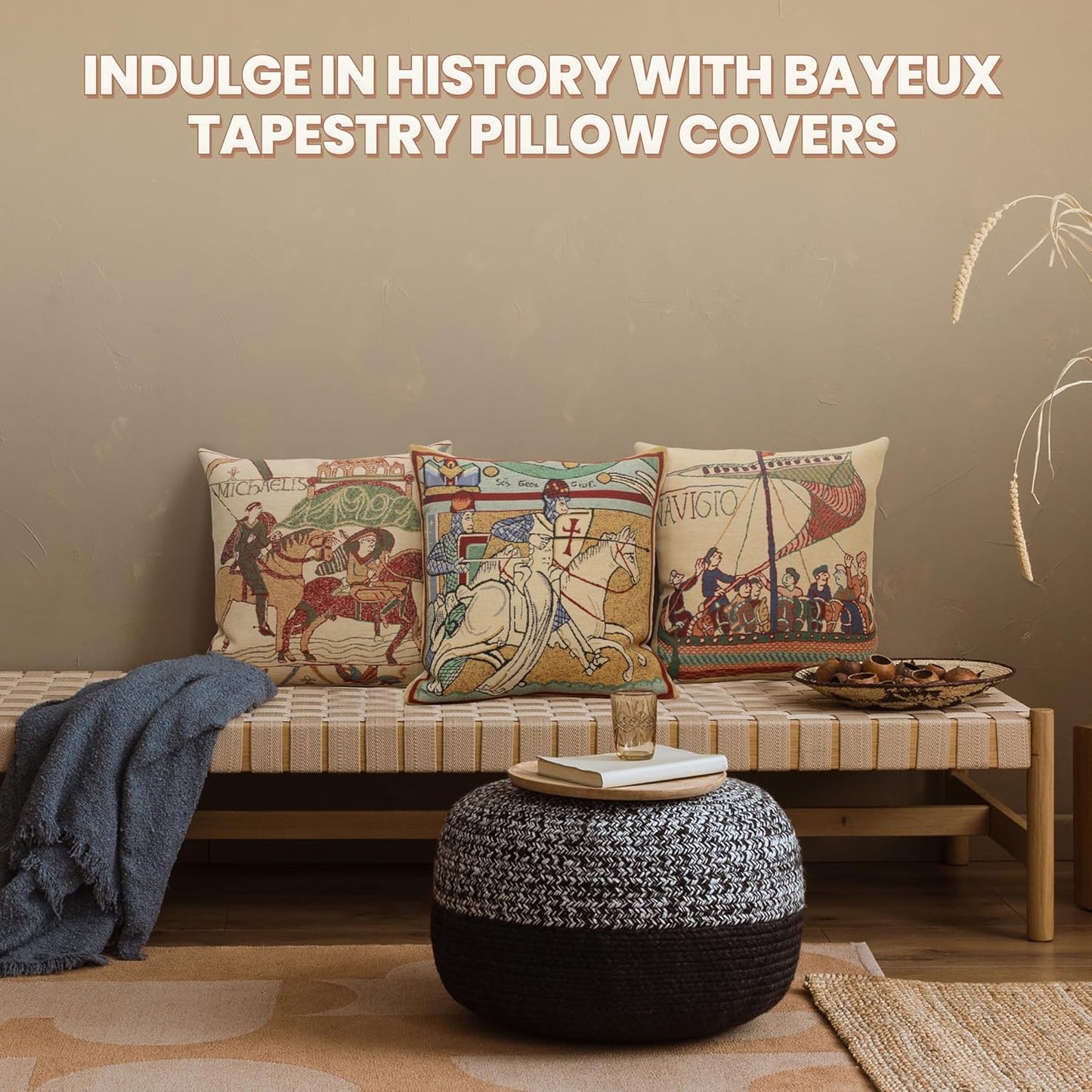 Charlotte Home Furnishings Bayeux Navigo Throw Pillow Cover 16" x 16" – Medieval Ship Decorative Tapestry Cushion Case for Sofa, Couch, & Bed | Cotton Jacquard Woven in Europe | Insert Not Included