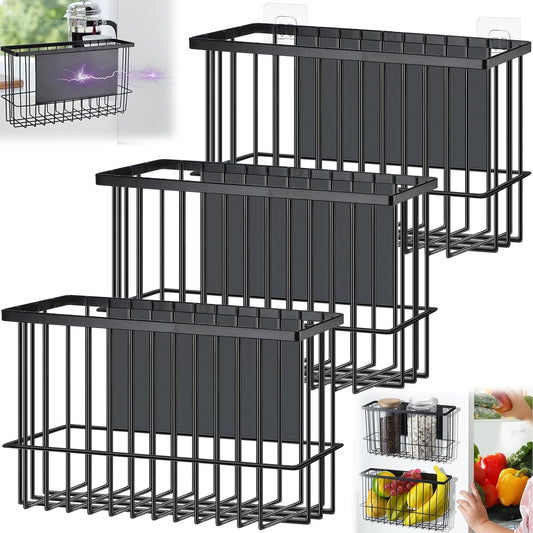 3 Pcs Magnetic or Adhesive Refrigerator Organizer Magnetic Baskets Kitchen Holder for Refrigerator Metal Shelf Rack Storage with 2 Types of Installation(Black)
