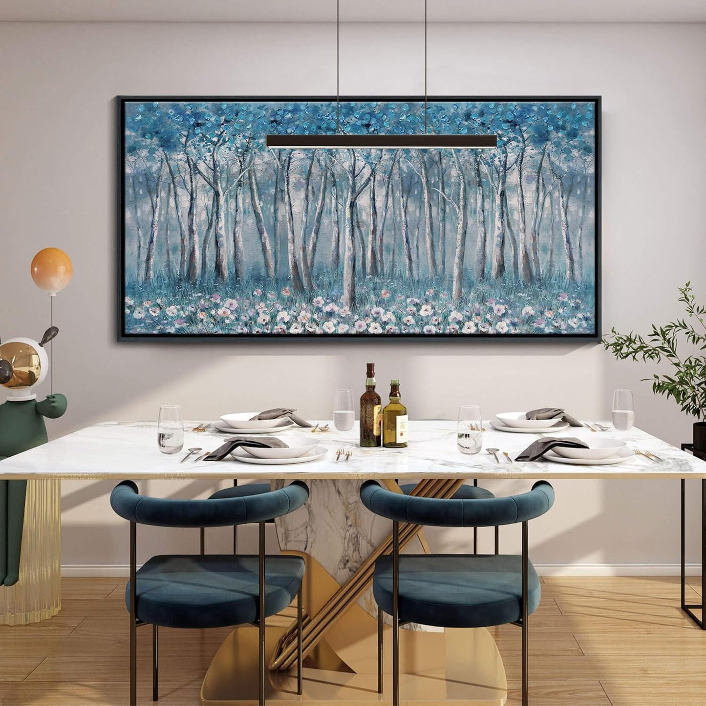 DUNHUANG ART Blue Tree Canvas Wall Art - Large Size Teal Abstract Painting for Home Office Living Room Bedroom Bathroom - Black Framed - Wall Decor Living Room 20"x40"