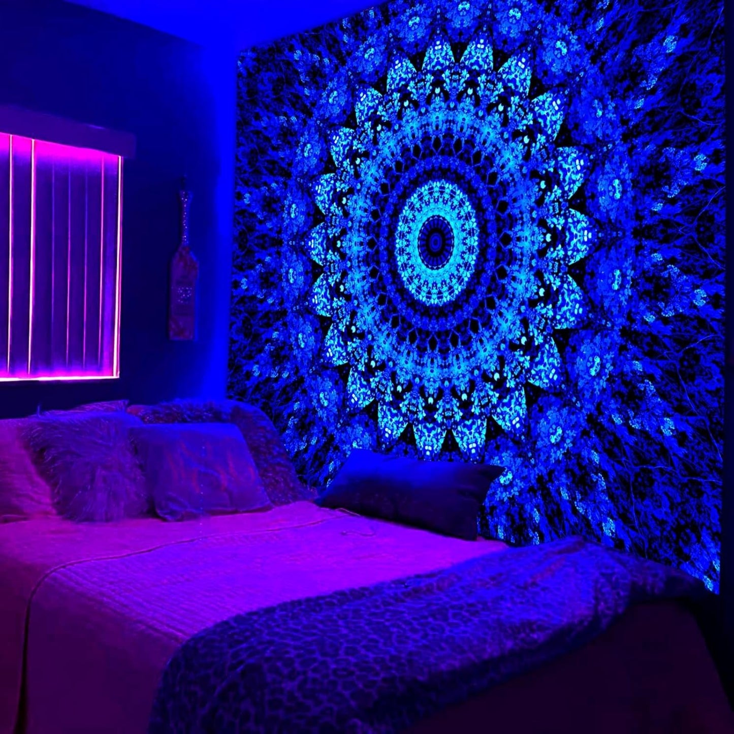 PSYHILAR Blacklight Mandala Tapestry for Bedroom, Black Light Posters for Adults and Teens, Neon UV Reactive Aesthetic Bohemian Wall Art Decor (60 x 50 Inches)