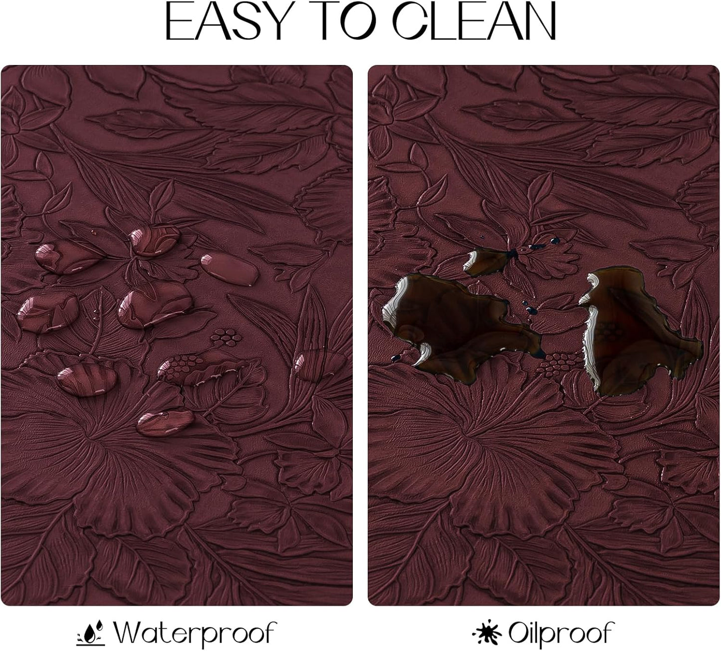 Romanstile Vinyl Placemats Set of 8-12 X 18 Inch - Heat Resistant Non-Slip Embossed Floral Place Mats 100% Waterproof Oilproof Wipeable Faux Leather Table Mats for Kitchen/Dining/Party, Burgundy