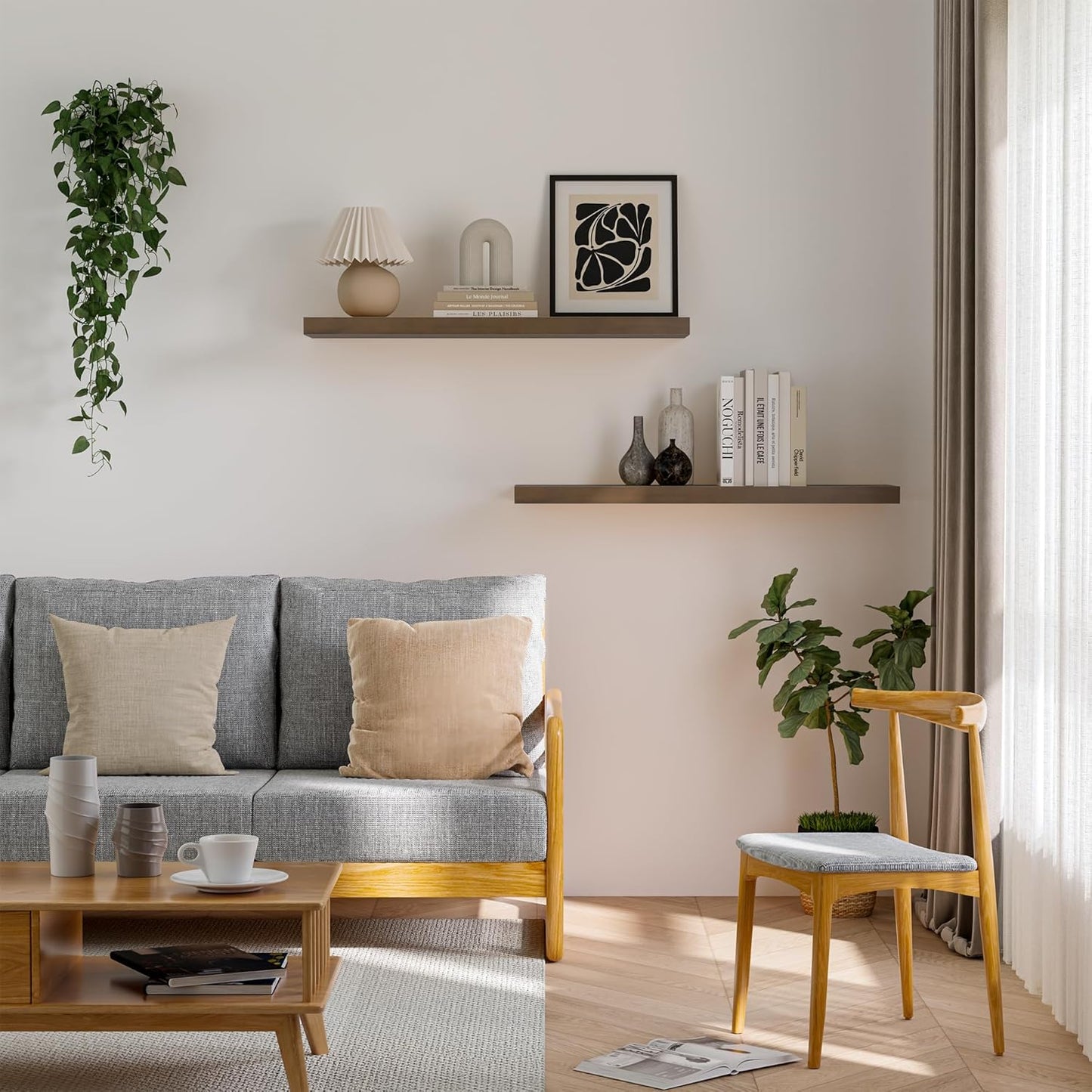 Wood Floating Shelves for Wall 36” x 8”x 1.4” Shelf Floating Rustic Farmhouse Decor, Heavy Duty Shelf Hold 80 lbs, Wall Shelves for Bathroom Living Room Kitchen Bedroom Office, 2 Packs Walnut