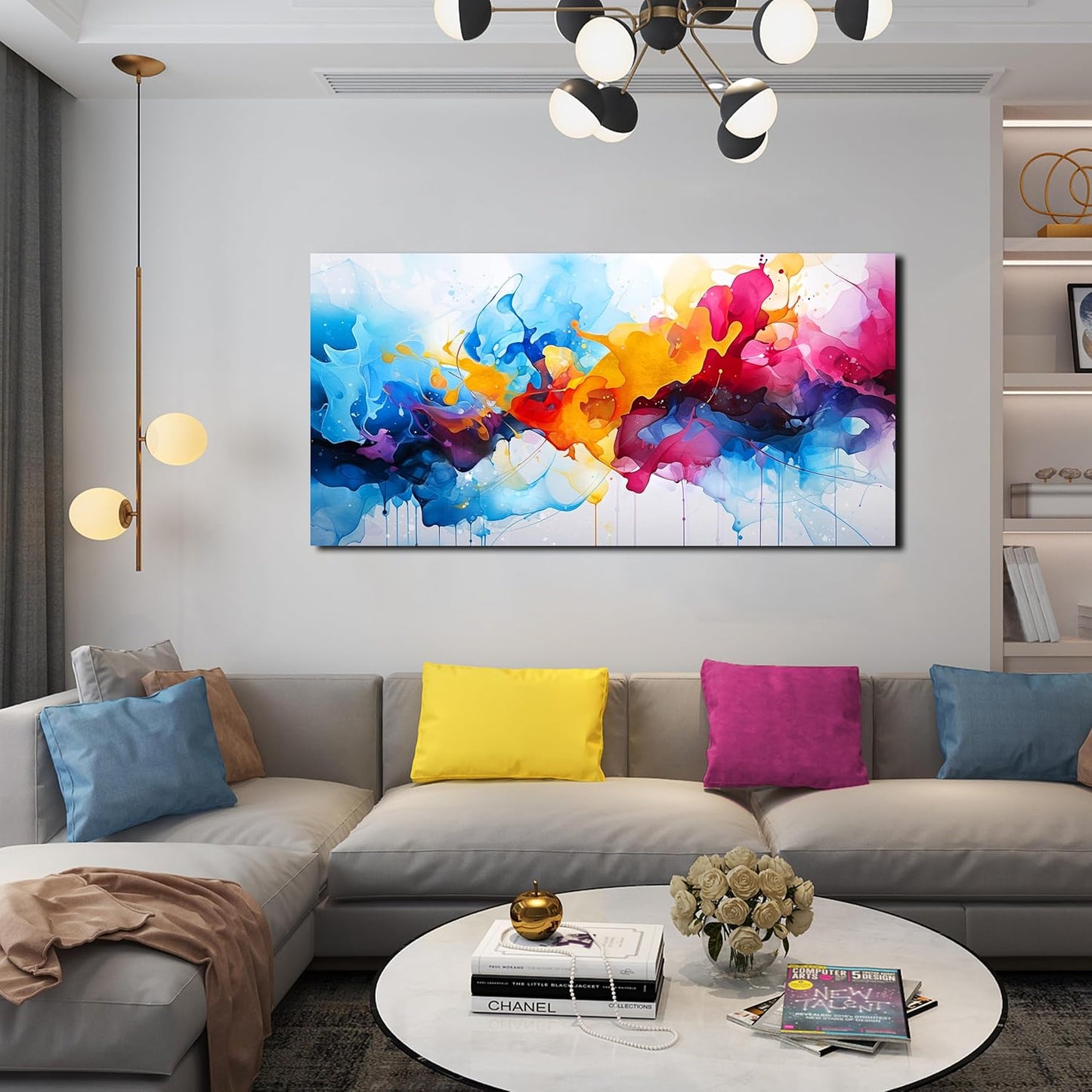 Alsingbago Large Colorful Abstract Canvas Wall Art for Living Room Bedroom Home Office Modern Wall Decor Blue Orange Pink Gray Abstract Picture Ready to Hang Size 24x48