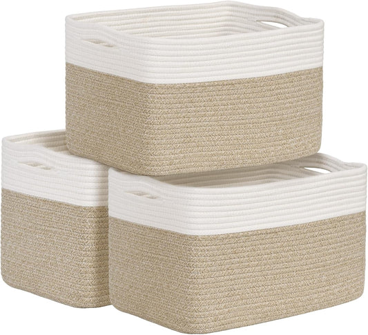 Shelf Baskets for Organizing, Woven Storage Basket for Shelves, Cotton Rope Storage Bins for Toys Books, Nursery Towel Baskets for Classroom, 14.96"X9.8"X8.85", 3-Pack White/Brown