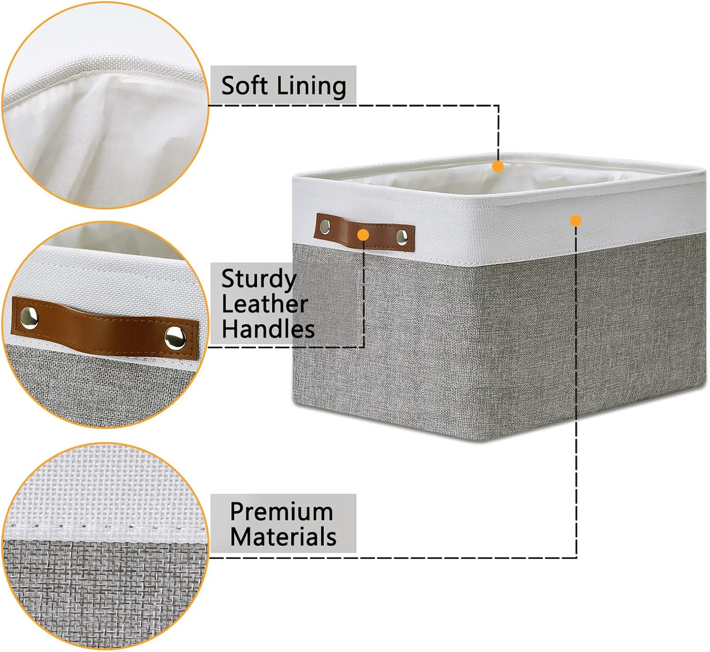 DULLEMELO Fabric Baskets for Storage, Office, Home,Nursery,Organizing Baskets for Shelves, Bedroom, Toys,Gift,Fabric Storage Basket with Handles(White&Grey,15"x11"x9.5",4-Pack)