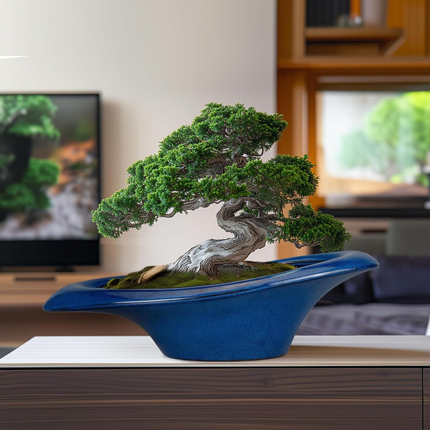 Bonsai Tree Pot 18 Inch - Ceramic Succulent Pots Large Bonsai Planter for Indoor Outdoor Plants Decorative Plant Pot with Drainage Hole Flower Pot for Home Garden Room Decor Blue